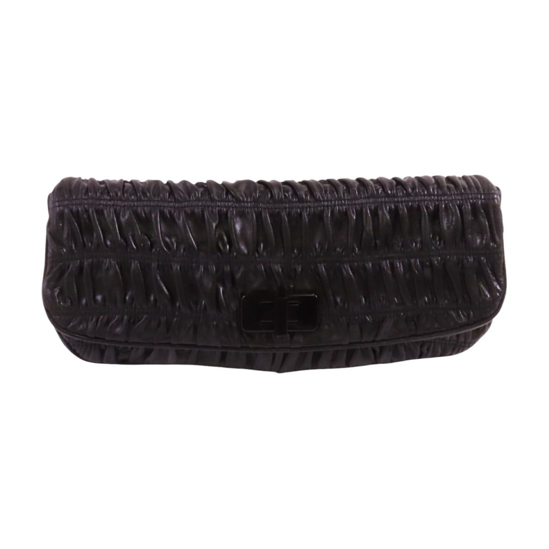 PRADA BP0483 Capretto Graufre Black Calfskin Clutch Bag: PRADA BP0483 Capretto Graufre Black Calfskin Clutch Bag This Prada Capretto Graufre clutch handbag is crafted from calfskin (cowhide) leather in black. It features a flap closure, a magnetic exterior 