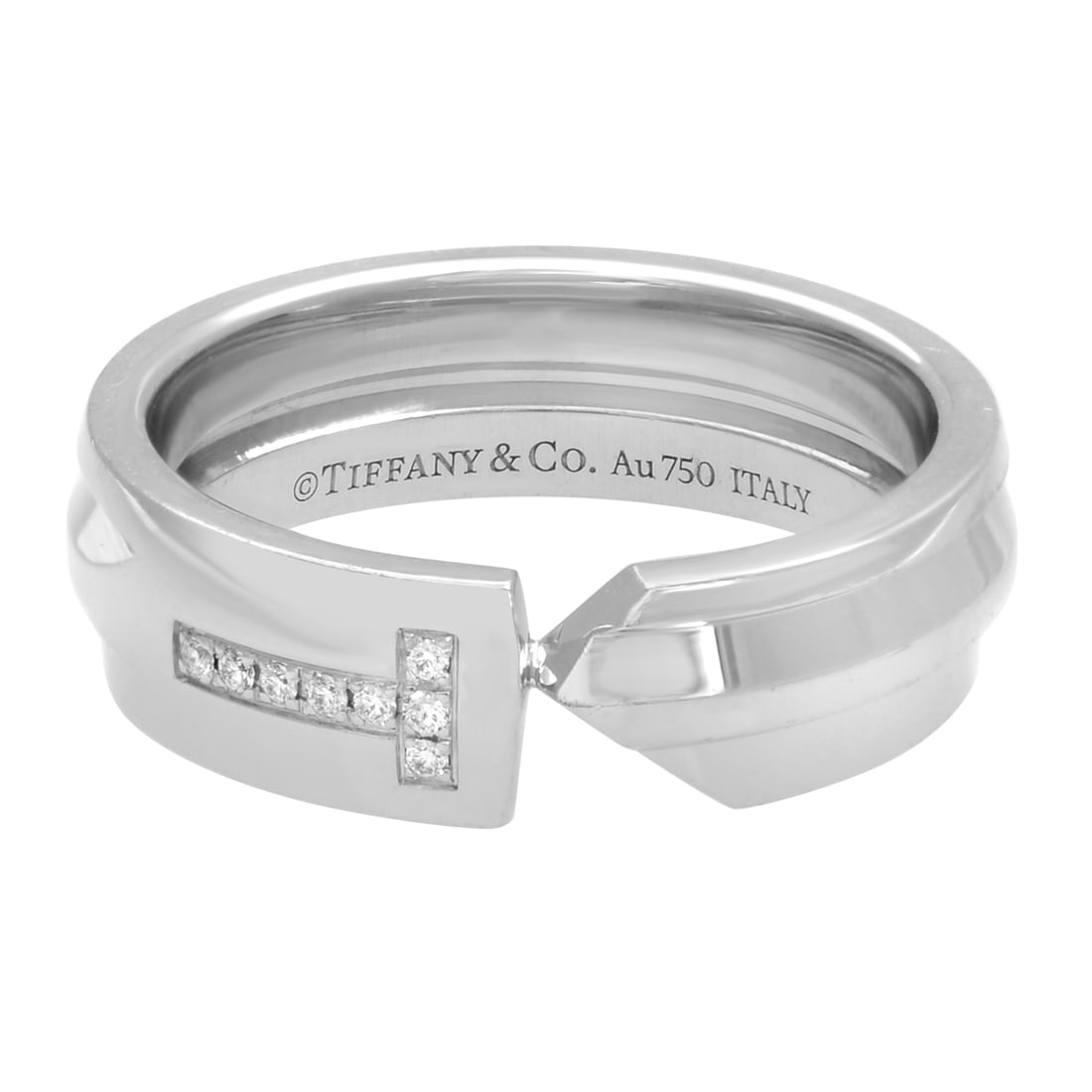 Tiffany & Co 18K White Gold Diamond T Ring Size 6 Adjustable Band: Tiffany & Co 18K White Gold Diamond T Ring Size 6 Adjustable Band This stunning Tiffany & Co. T Ring is crafted from luxurious 18K white gold and features a brilliant round diamond set in a classic pr