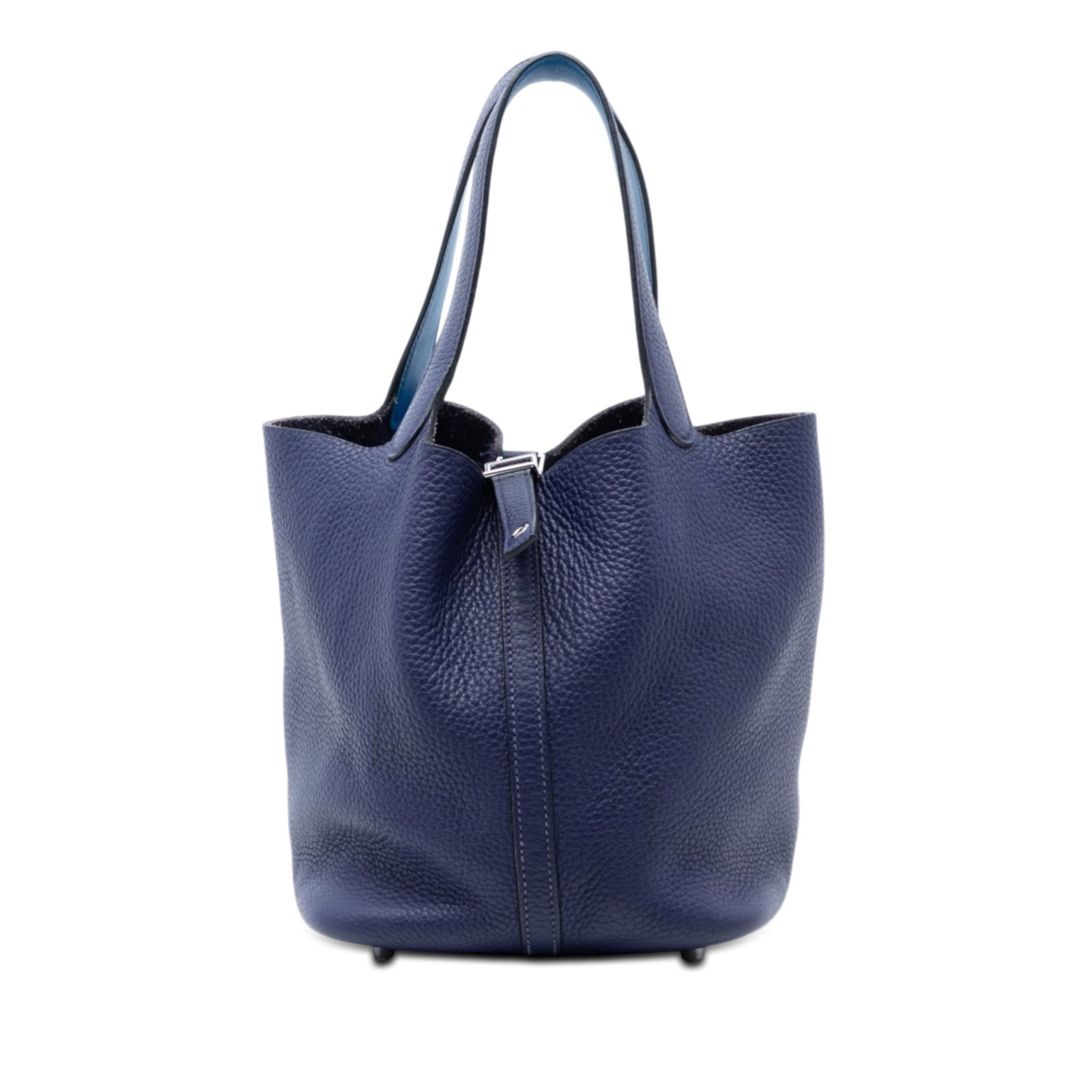 Hermes Bleu Encre Picotin 22 Clemence Leather Bag: Hermes Bleu Encre Picotin 22 Clemence Leather Bag This Hermes Picotin Lock 22 bag features a Clemence leather body in Bleu Encre, complemented by flat handles and an open top secured with a pull-throu