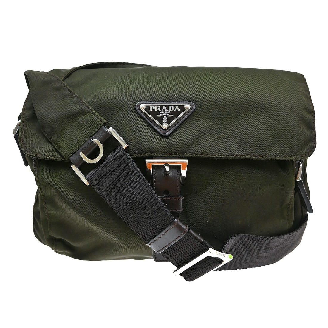 PRADA Nylon Small Shoulder Bag Khaki Italy: PRADA Nylon Small Shoulder Bag Khaki Italy This Prada shoulder bag is crafted from khaki nylon and canvas and is made in Italy. It is a small women's bag with one exterior zipper pocket and an adjusta