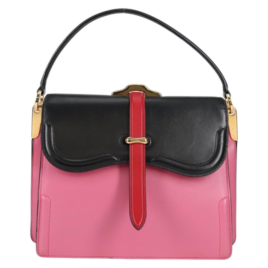 Prada Belle Pink Leather Top Handle Purse: Prada Belle Pink Leather Top Handle Purse The Prada Belle Top Handle Bag is crafted from pink leather and designed for women. This pre-owned handbag is in good condition, featuring minimal signs of us
