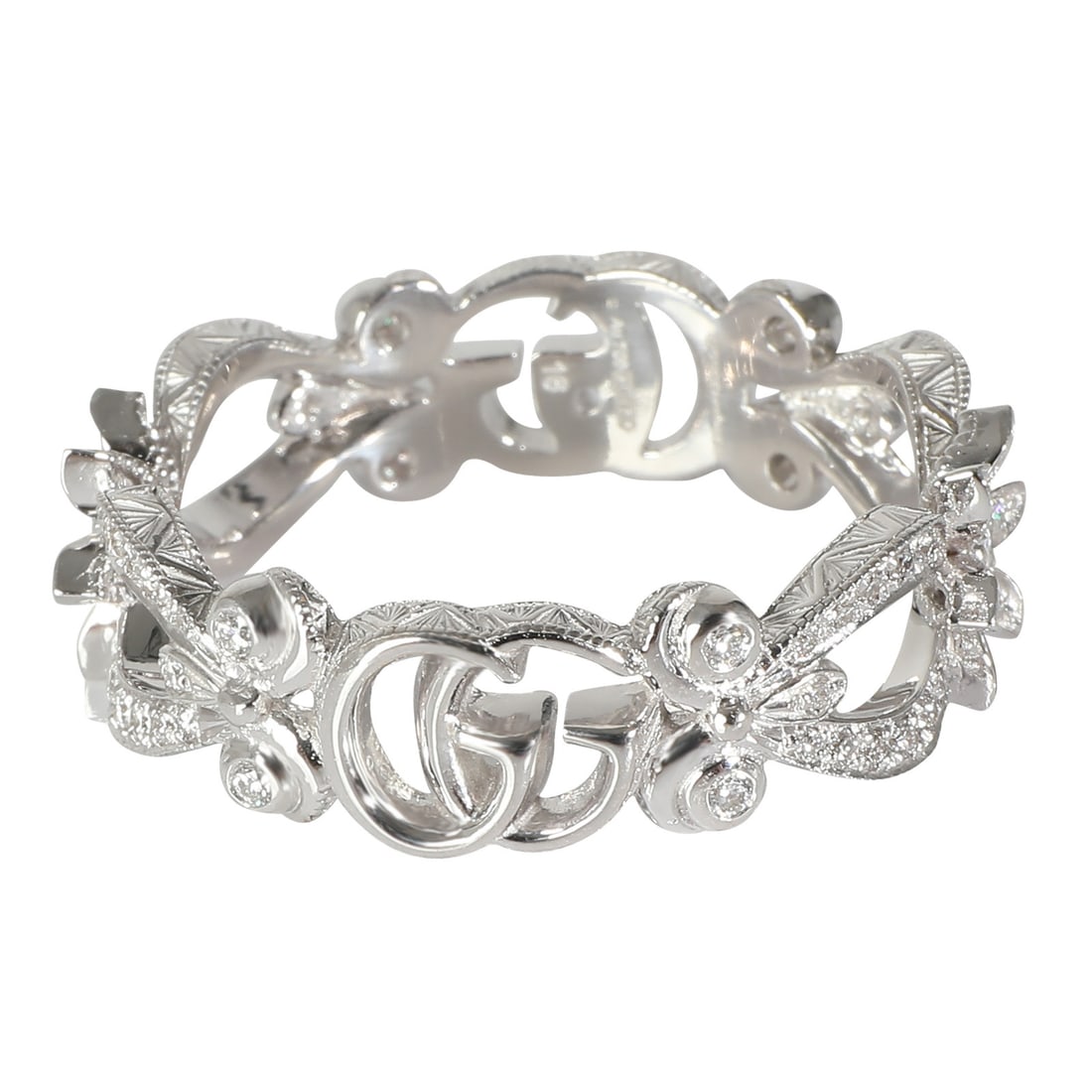 Gucci Flora 18k White Gold Ring with 0.35ct Diamonds Size 7.75: Gucci Flora 18k White Gold Ring with 0.35ct Diamonds Size 7.75 This Gucci Flora GG ring features a round brilliant-cut diamond design set in 18k white gold. Part of the Flora collection, the ring show