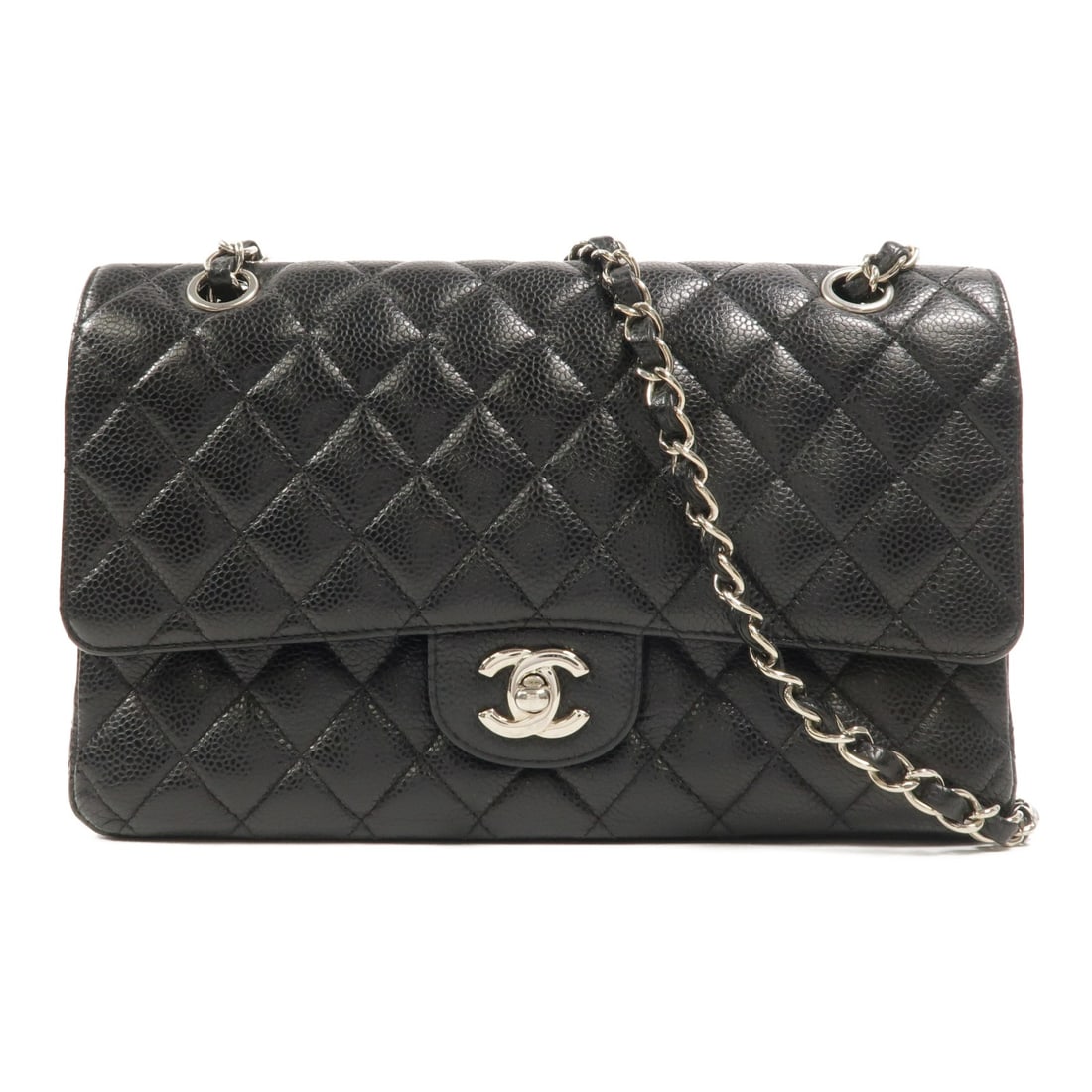 CHANEL A01112 Classic 25 Black Calfskin Chain Shoulder Bag: CHANEL A01112 Classic 25 Black Calfskin Chain Shoulder Bag Classic Chanel chain shoulder bag in black calfskin leather with CC turn-lock closure and silver-tone hardware. This women's shoulder bag fea