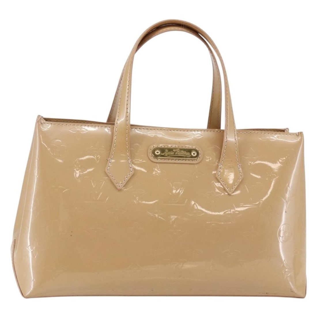 Louis Vuitton Wilshire Patent Leather Handbag Beige 31cm: Louis Vuitton Wilshire Patent Leather Handbag Beige 31cm This Louis Vuitton Wilshire handbag for women features a beige patent leather exterior with the iconic Monogram Vernis finish. It measures 31cm