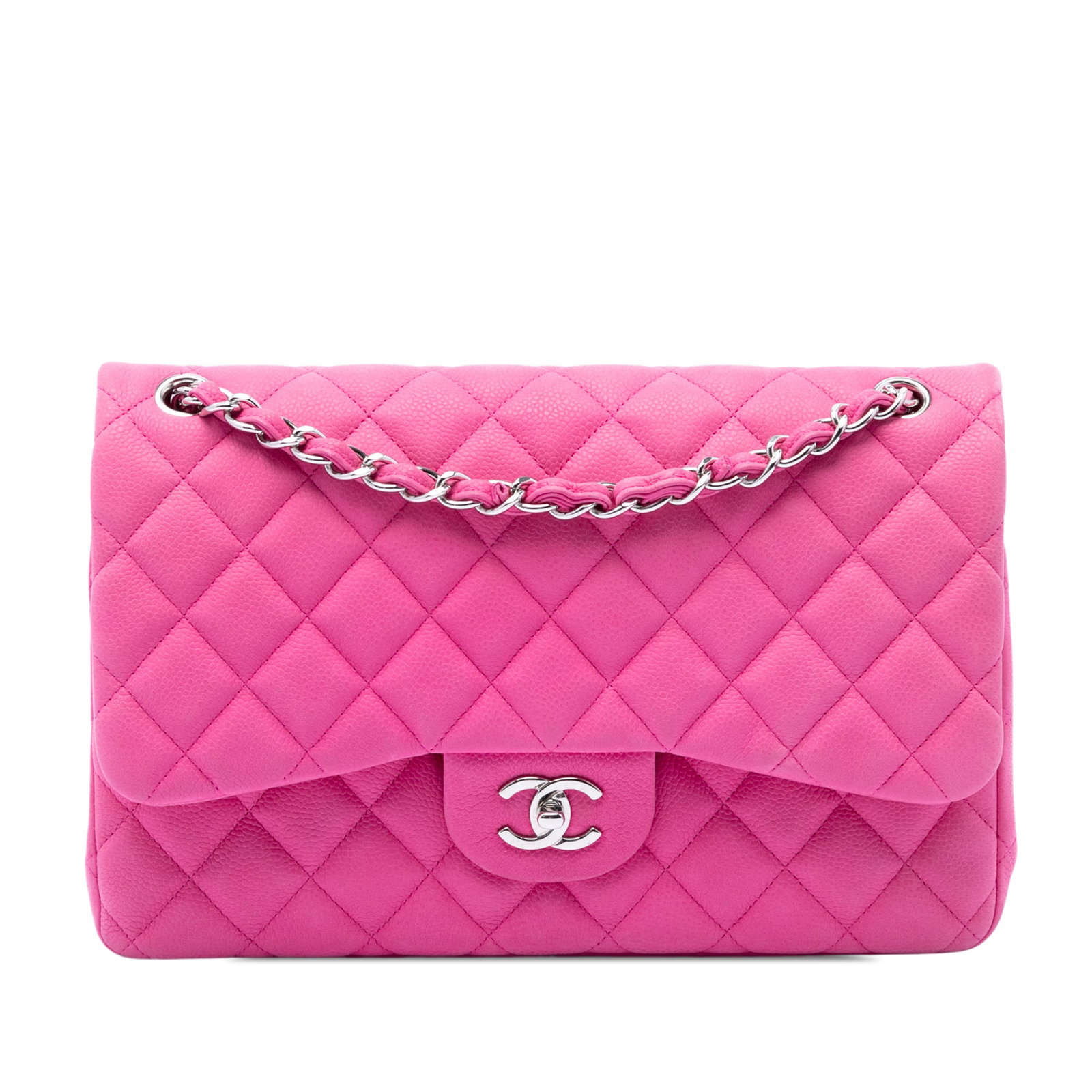 Chanel Jumbo Classic Double Flap Shoulder Bag Pink Caviar Leather: Chanel Jumbo Classic Double Flap Shoulder Bag Pink Caviar Leather Chanel Jumbo Classic Caviar Double Flap shoulder bag in pink quilted caviar leather. This bag features leather-woven chain straps, a d