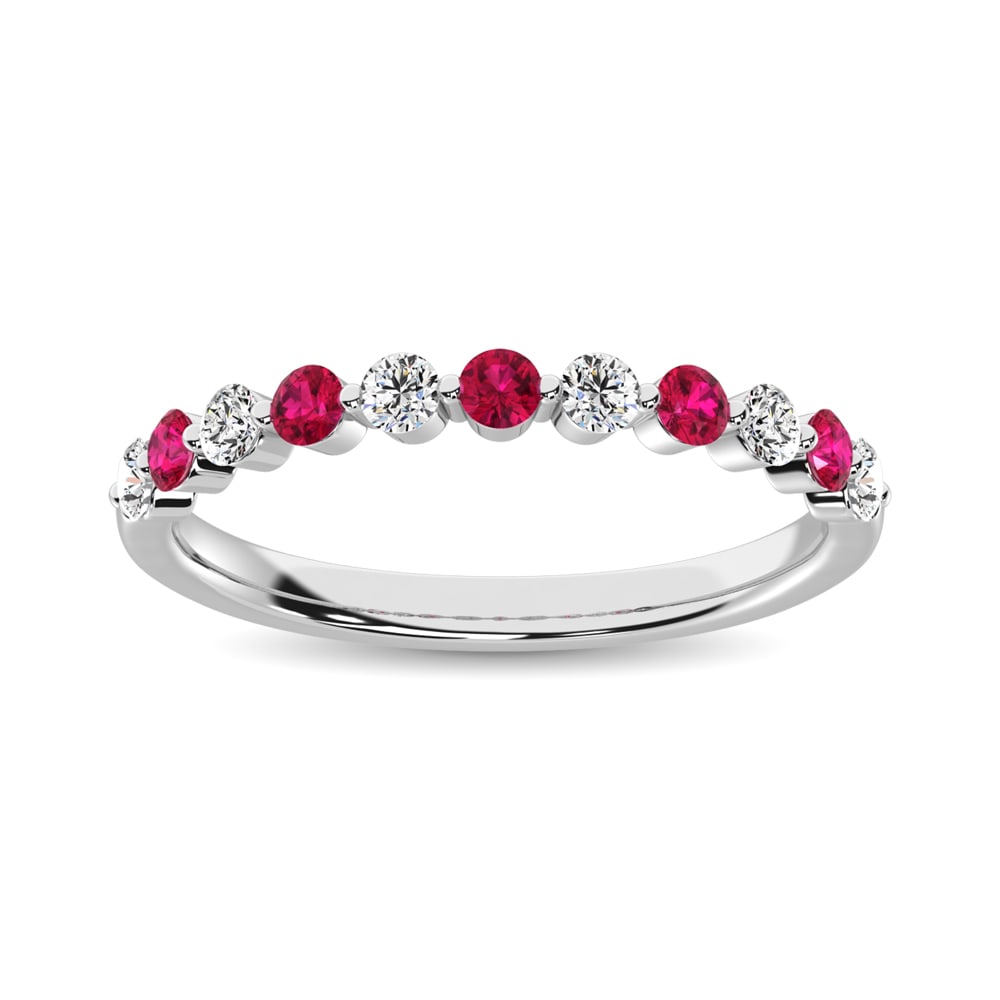 Diamond 7/8 Ct.Tw. And Ruby Stack Band in 14K White Gold ( 6 Diamond and 5 Ruby ): Diamond 7/8 Ct.Tw. And Ruby Stack Band in 14K White Gold ( 6 Diamond and 5 Ruby ) 14k White Gold Stone Color: G-h Stone Clarity: I1 Each ring is presented in standard size 6.5. Complimentary resizing 