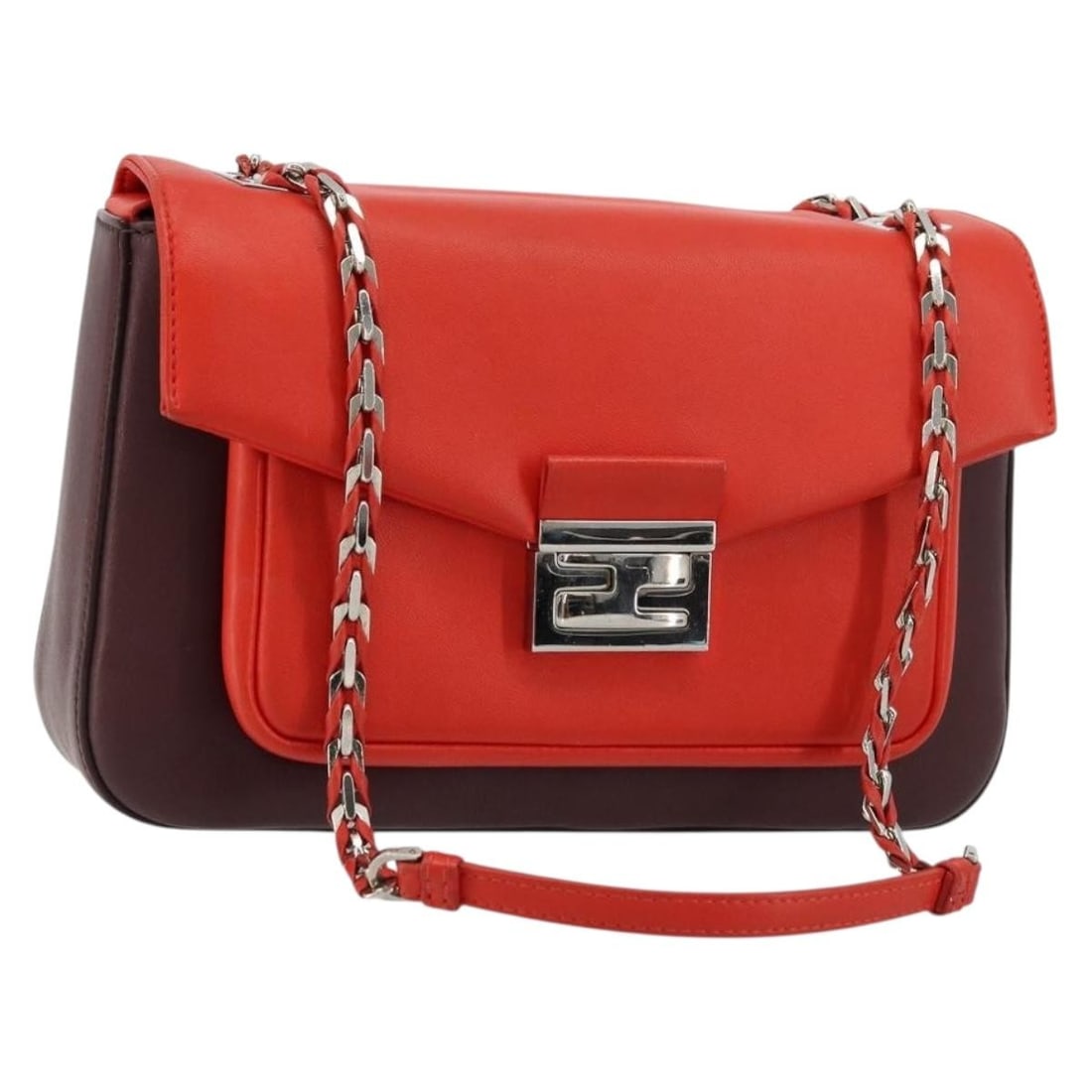 FENDI Chain Beebaguette Red Leather Shoulder Bag Silver Tone: FENDI Chain Beebaguette Red Leather Shoulder Bag Silver Tone Authentic Fendi Chain Beebaguette shoulder bag in red leather with silver-tone exterior accents. This women's shoulder bag is made in Italy
