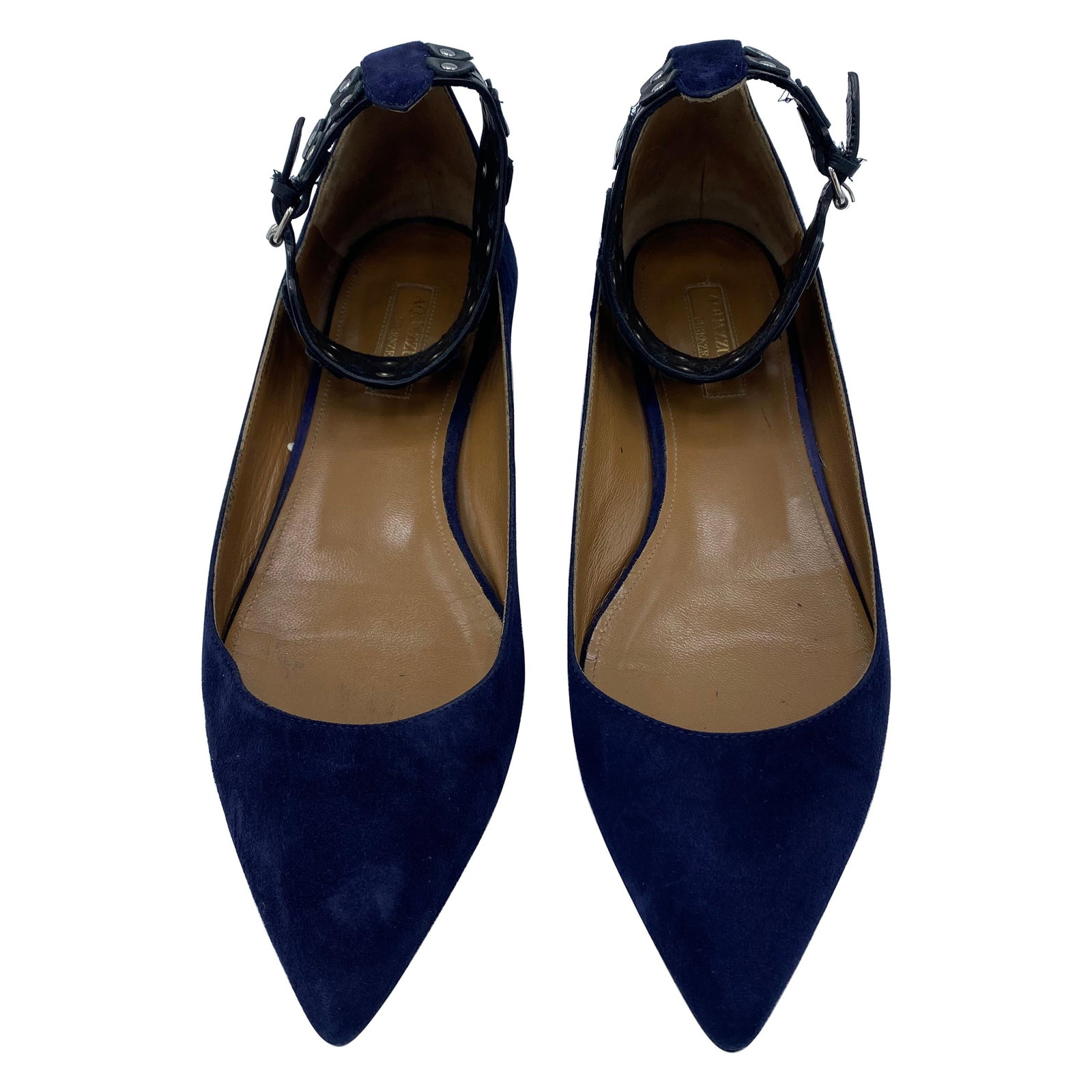 Aquazzura Rockstar Pointed Toe Flats Navy Suede Size 39: Aquazzura Rockstar Pointed Toe Flats Navy Suede Size 39 Aquazzura Firenze Rockstar pointed toe flats in navy suede with black leather accents, silver tone hardware, and a buckled closure. The shoes ar