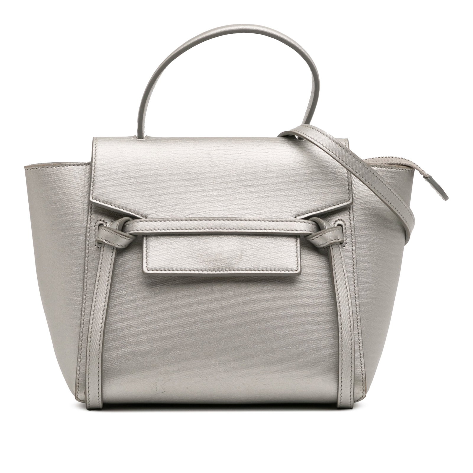 Celine Nano Calfskin Belt Bag Silver Leather Italy: Celine Nano Calfskin Belt Bag Silver Leather Italy This Celine Nano Laminated Calfskin Belt Bag is a stylish accessory crafted from high-quality leather. It features a structured leather body, a flat 