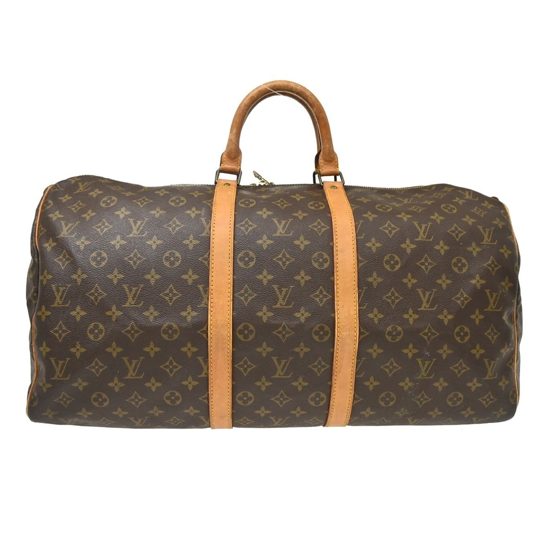 Louis Vuitton Keepall 55 Monogram Canvas Duffle Bag M41424: Louis Vuitton Keepall 55 Monogram Canvas Duffle Bag M41424 Vintage Louis Vuitton Keepall 55 travel handbag in Monogram canvas with leather trim and double handles. This extra large duffle-style bag fe