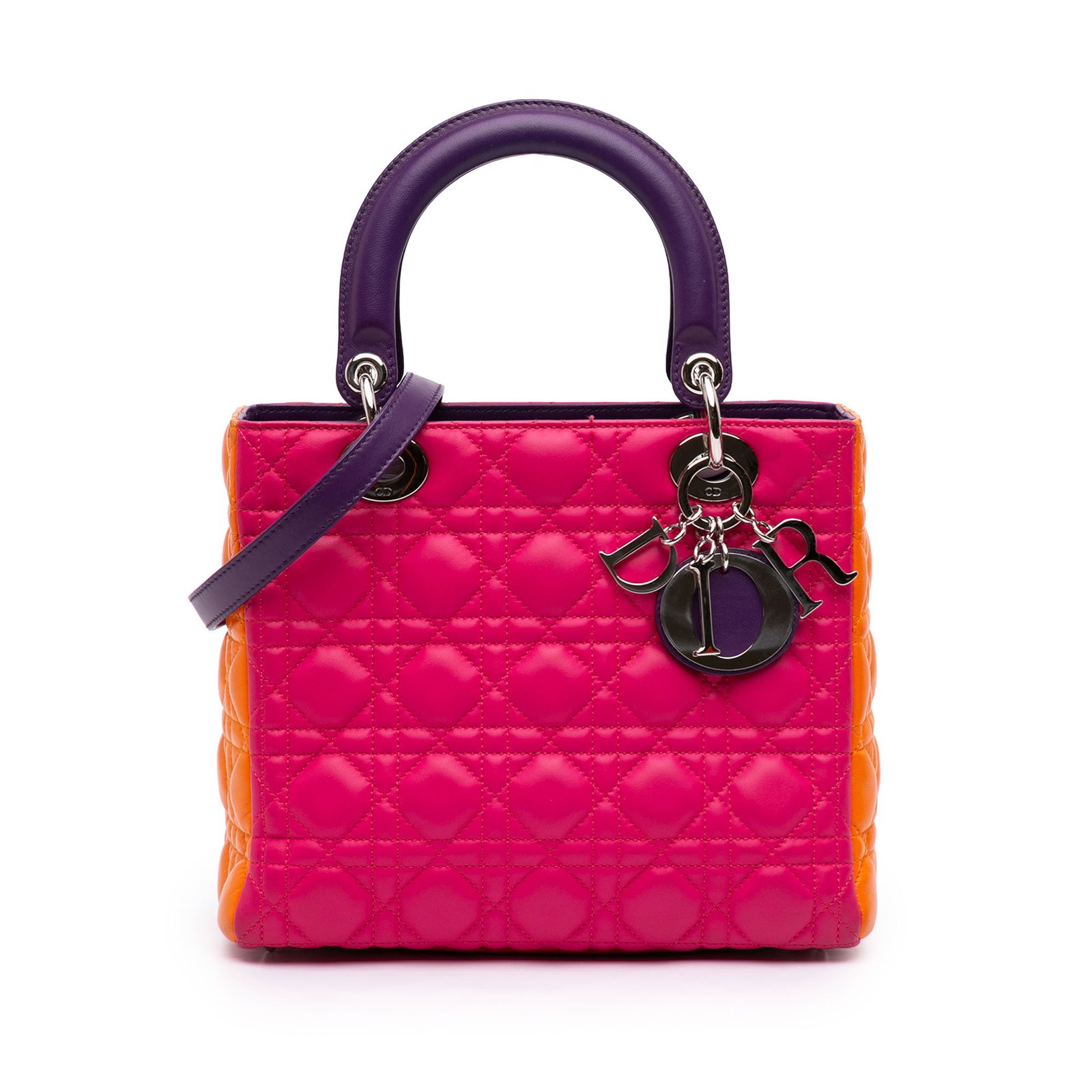 Dior Lady Dior Medium Tricolor Cannage Lambskin Handbag: Dior Lady Dior Medium Tricolor Cannage Lambskin Handbag Medium Lady Dior bag in tricolor lambskin leather with Cannage quilting. It features flat leather top handles, a detachable flat leather shoulde