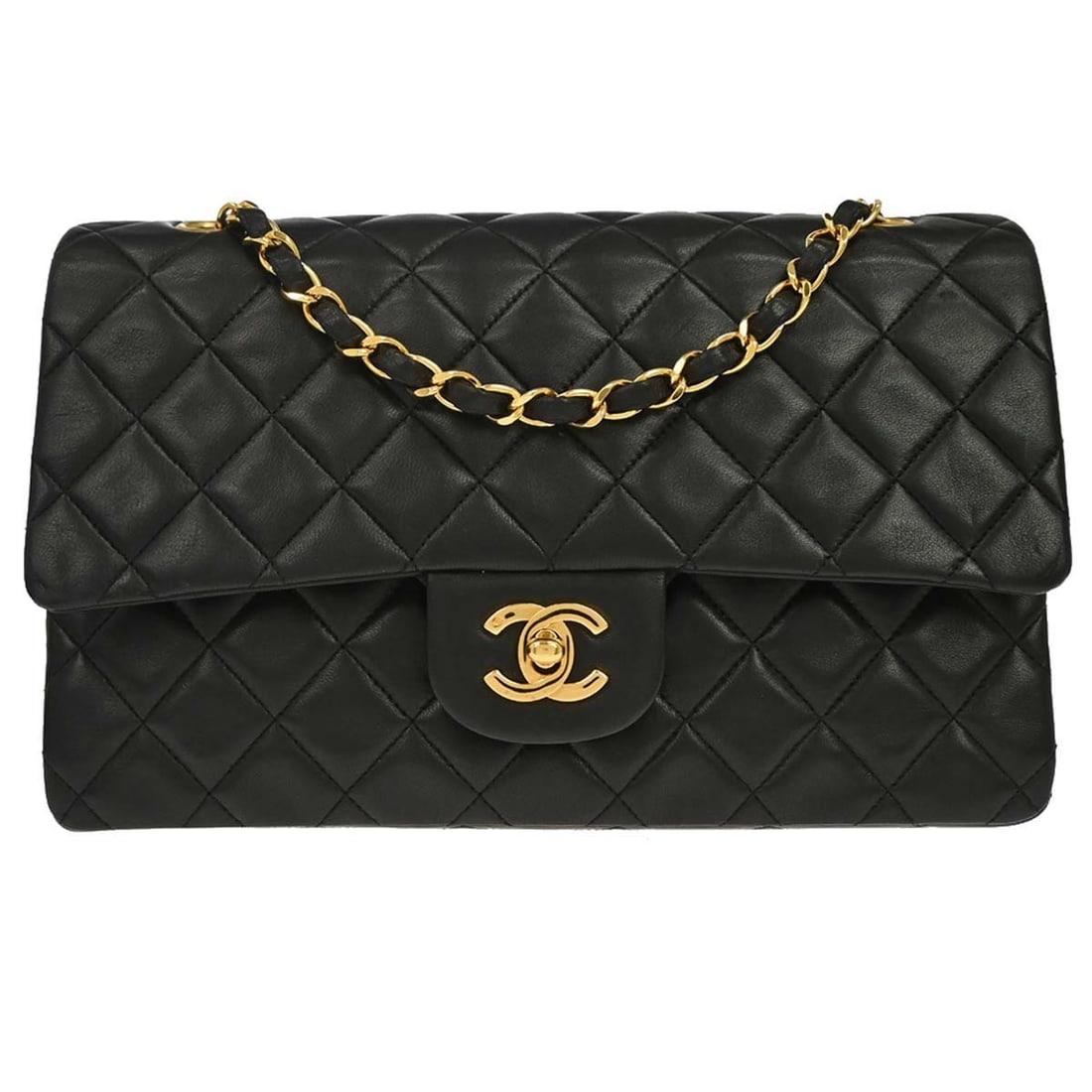 CHANEL Classic Double Flap Medium Shoulder Bag Black Lambskin: CHANEL Classic Double Flap Medium Shoulder Bag Black Lambskin Chanel medium Classic Double Flap shoulder bag in black lambskin leather, made in France. It features a turn-lock closure, shoulder strap,