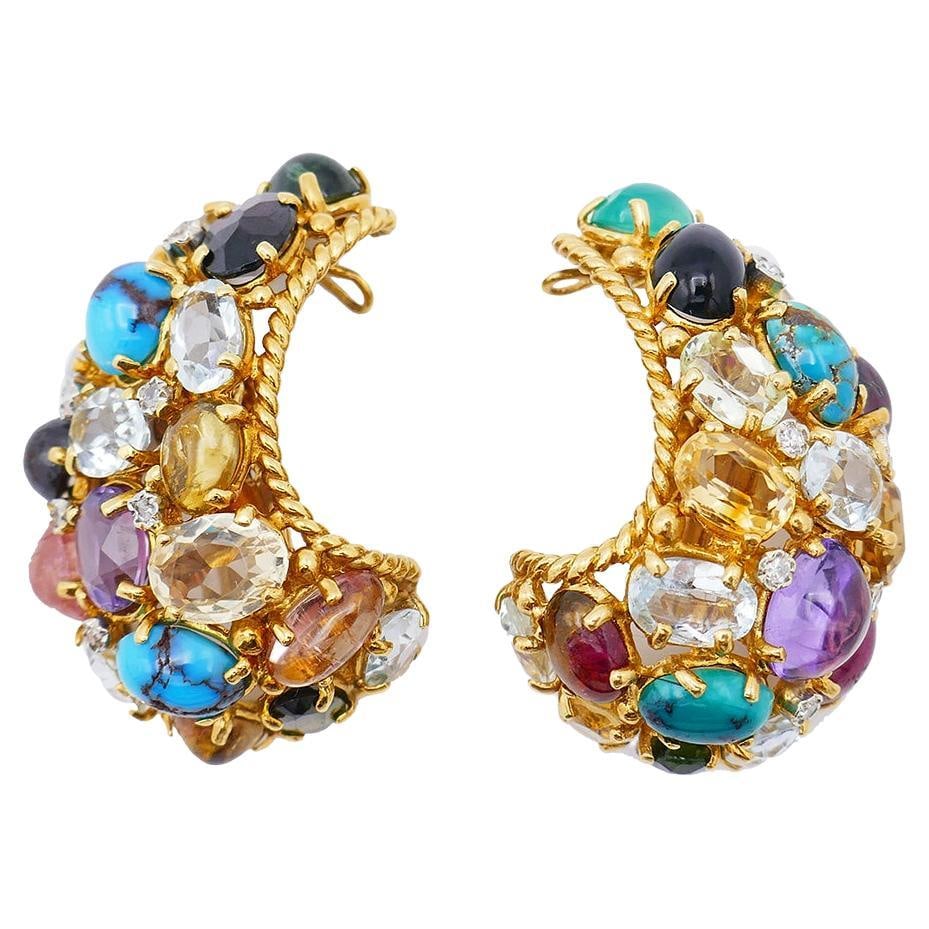 Signed MBM French 18k Yellow Gold Clip On Gemstone Earrings: Signed MBM French 18k Yellow Gold Clip On Gemstone Earrings Vintage French earrings in 18k yellow gold, set with a colorful mix of gemstones including aquamarine, citrine, ruby, amethyst, turquoise, d