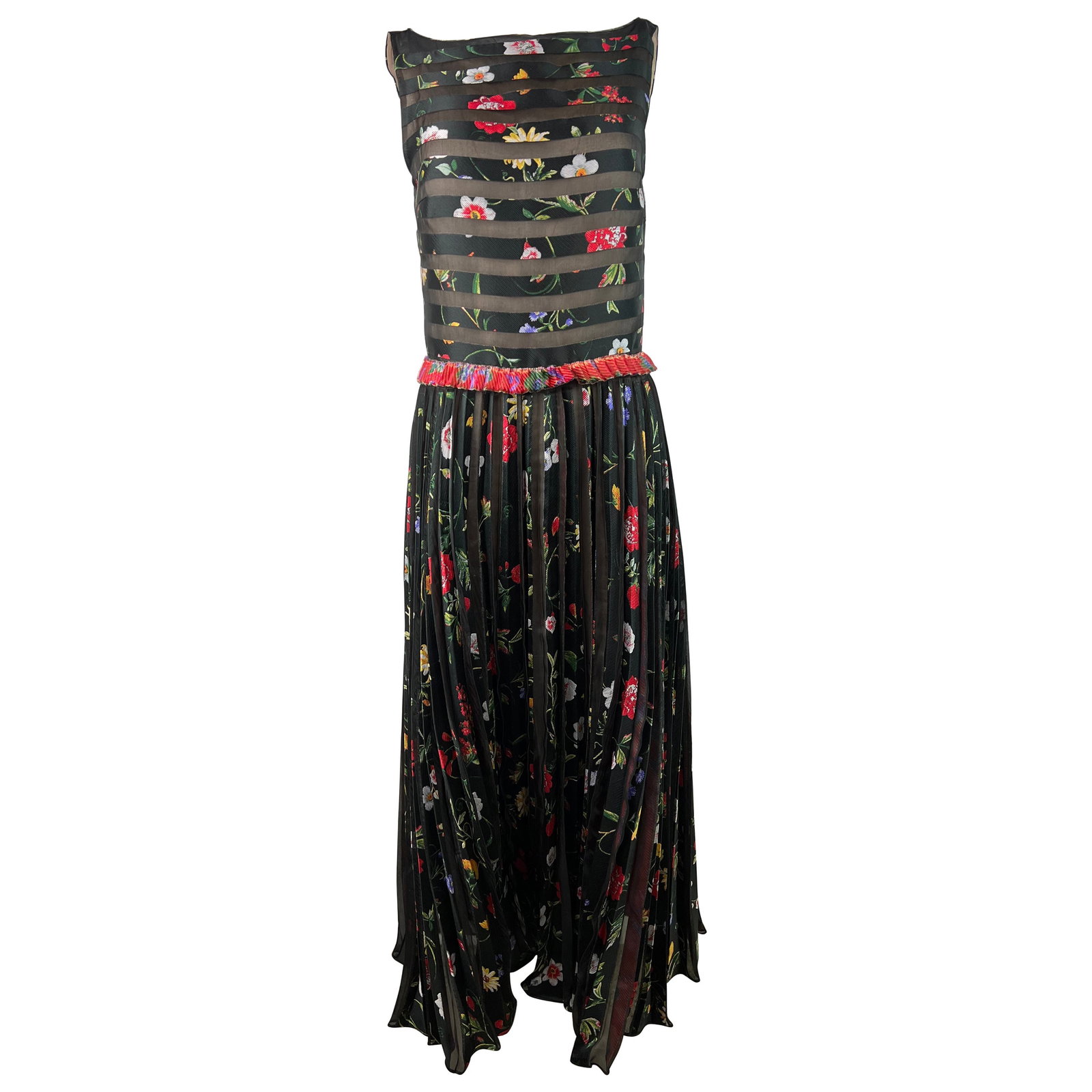 Oscar de la Renta Sleeveless Floor Length Floral Dress Size 10: Oscar de la Renta Sleeveless Floor Length Floral Dress Size 10 A floor-length Oscar de la Renta dress in black with a multicolored floral and striped pattern design. It is sleeveless and presented in 