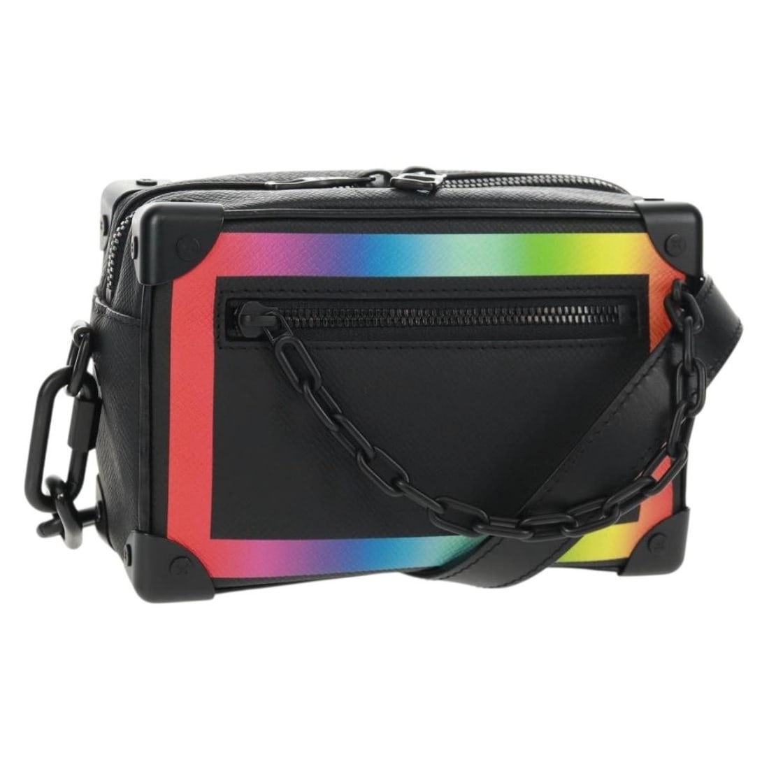 Louis Vuitton M30351 Mini Soft Trunk Shoulder Bag Black Taiga Leather: Louis Vuitton M30351 Mini Soft Trunk Shoulder Bag Black Taiga Leather Louis Vuitton Taiga Rainbow Mini Soft Trunk shoulder bag in black Taiga leather. Made in France, this women's bag includes a dust 