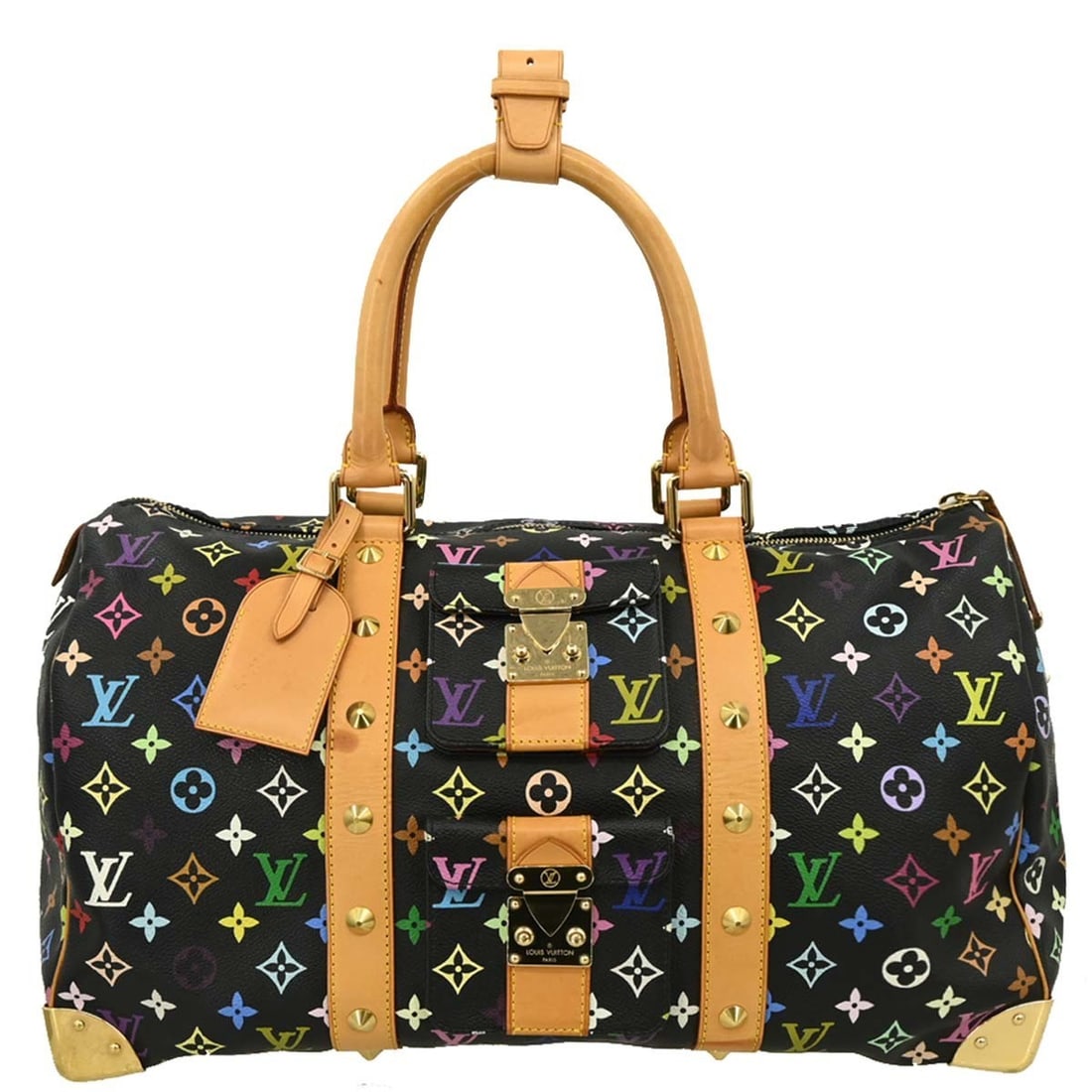 Louis Vuitton Keepall 45 Black Monogram Multicolor Hand Bag M92640: Louis Vuitton Keepall 45 Black Monogram Multicolor Hand Bag M92640 Louis Vuitton Keepall 45 handbag in black Monogram Multicolor canvas with leather trim. This medium handbag features a zip closure, d