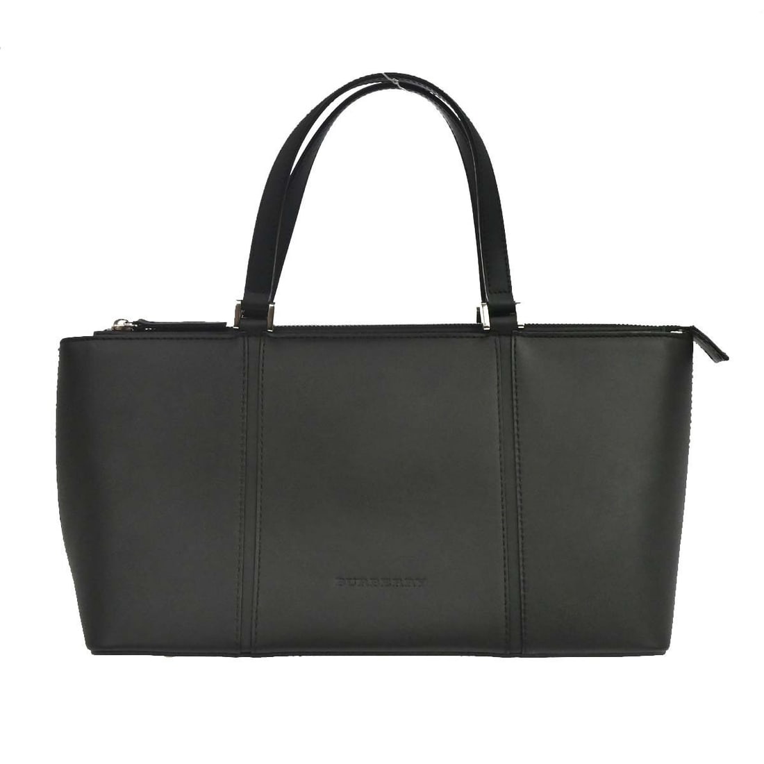 Burberry medium black leather top handle bag with inner pockets: Burberry medium black leather top handle bag with inner pockets Burberry black leather top handle handbag in a medium size with a pony-style design. This women's bag features inner pockets and additio