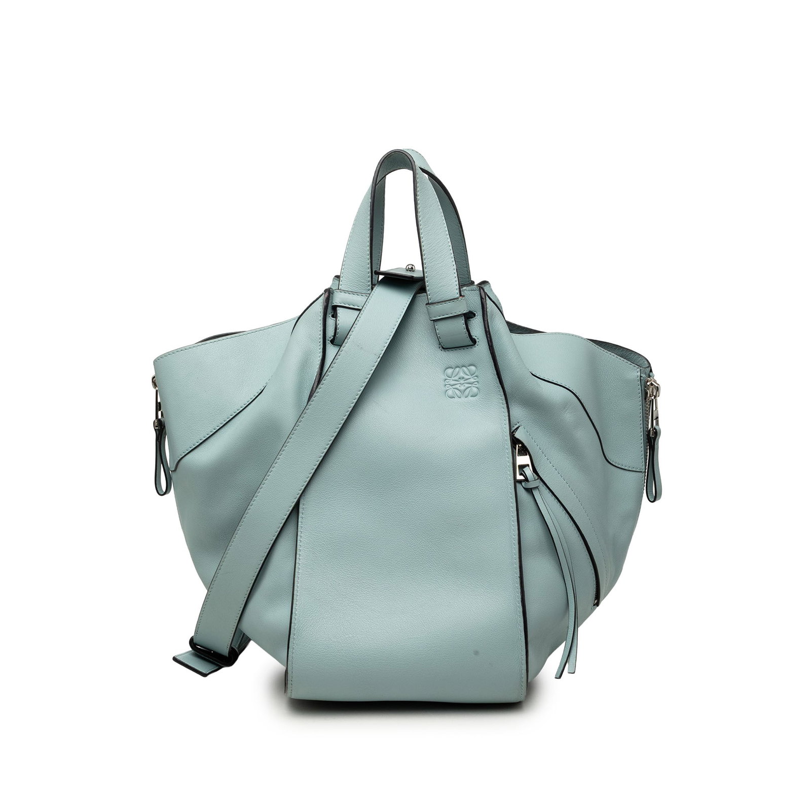 LOEWE Hammock Medium Blue Leather Satchel Bag: LOEWE Hammock Medium Blue Leather Satchel Bag LOEWE Medium Hammock satchel crafted in blue leather with a structured yet versatile design. It features flat leather handles, a detachable flat leather s