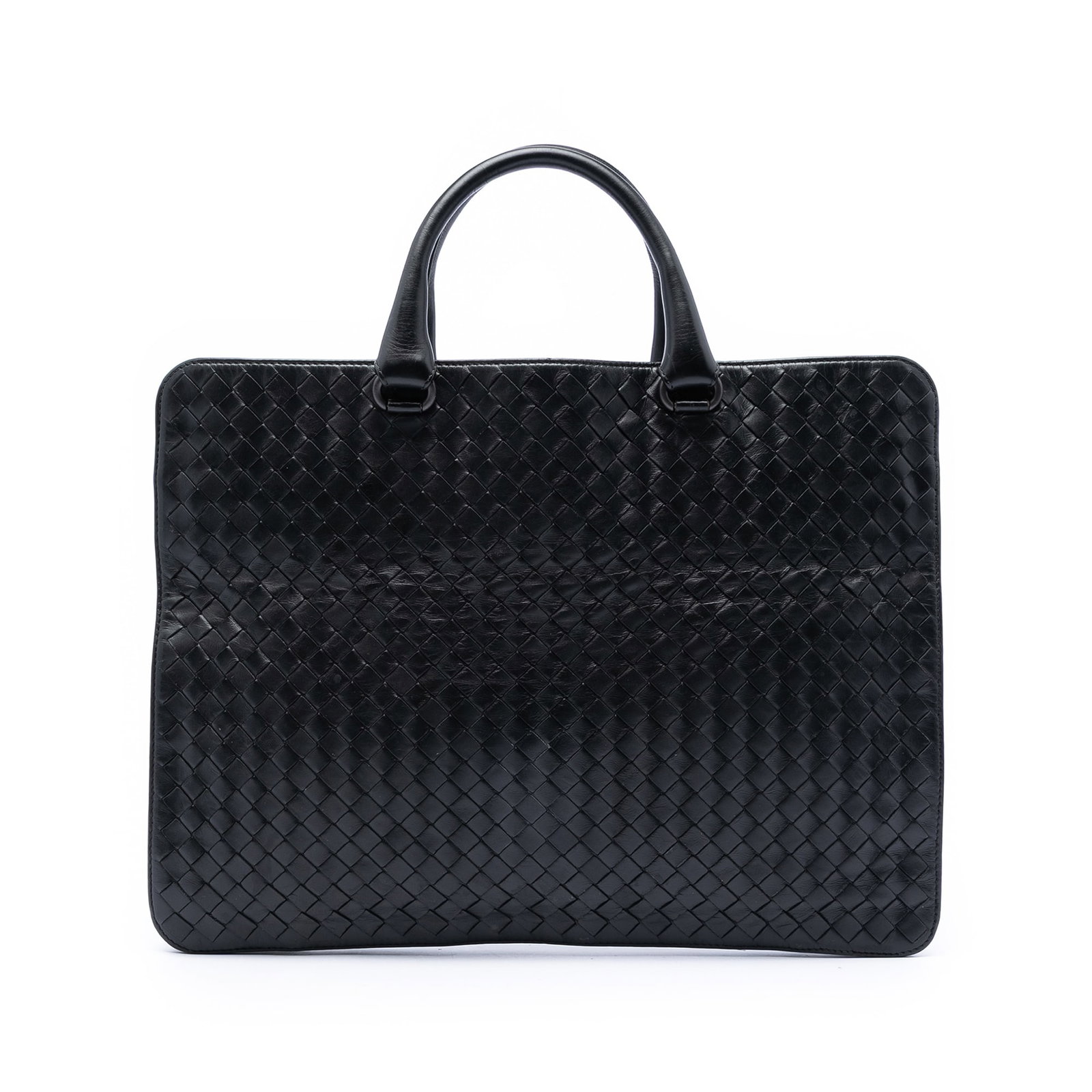 Black Leather Business Bag Bottega Veneta Nappa Intrecciato: Black Leather Business Bag Bottega Veneta Nappa Intrecciato Bottega Veneta Nappa Intrecciato Business Bag in black woven nappa leather. This business bag features rolled leather handles, an open top, 