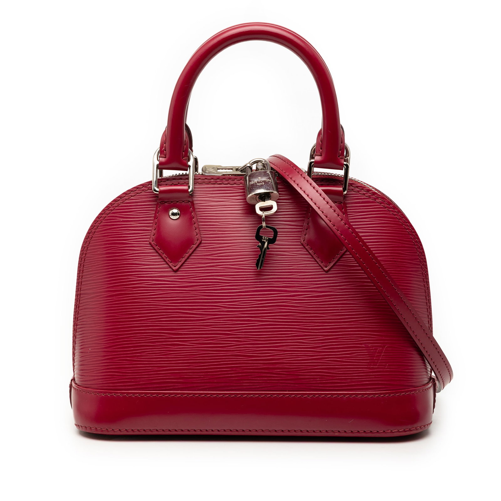Louis Vuitton Alma BB Epi Pink Leather Bag: Louis Vuitton Alma BB Epi Pink Leather Bag This Louis Vuitton Epi Alma BB bag is crafted from epi leather in a pink hue and features rolled top handles, a flat leather shoulder strap, and a top zip cl
