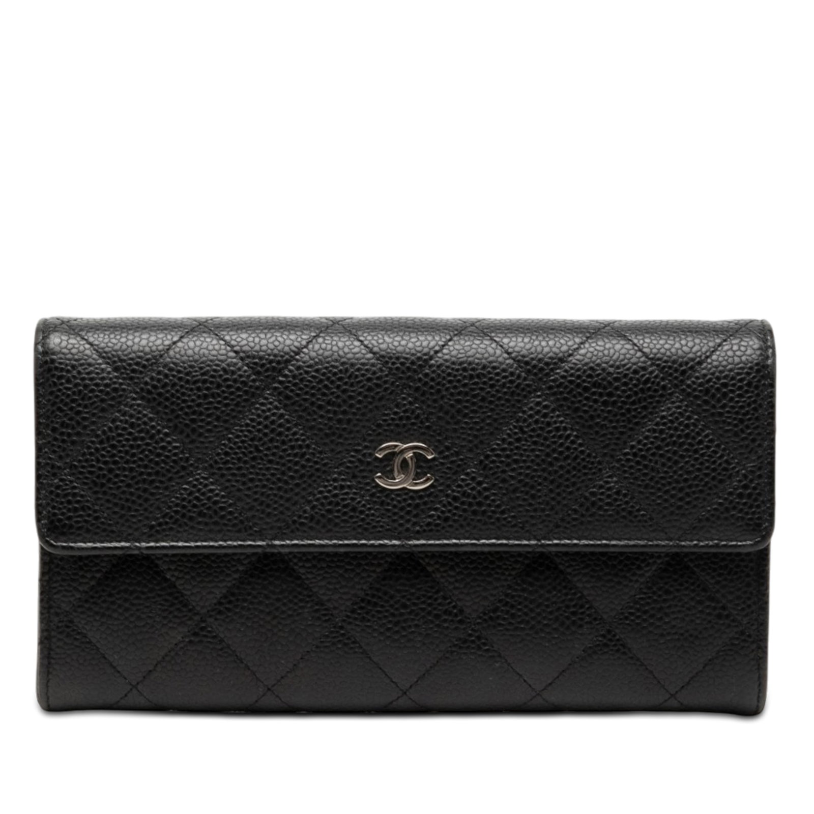 Chanel CC Caviar Leather Flap Long Wallet Black: Chanel CC Caviar Leather Flap Long Wallet Black Chanel CC Quilted Caviar Flap Long Wallet in black leather with a quilted finish and front flap snap closure. The interior includes a zip compartment, s