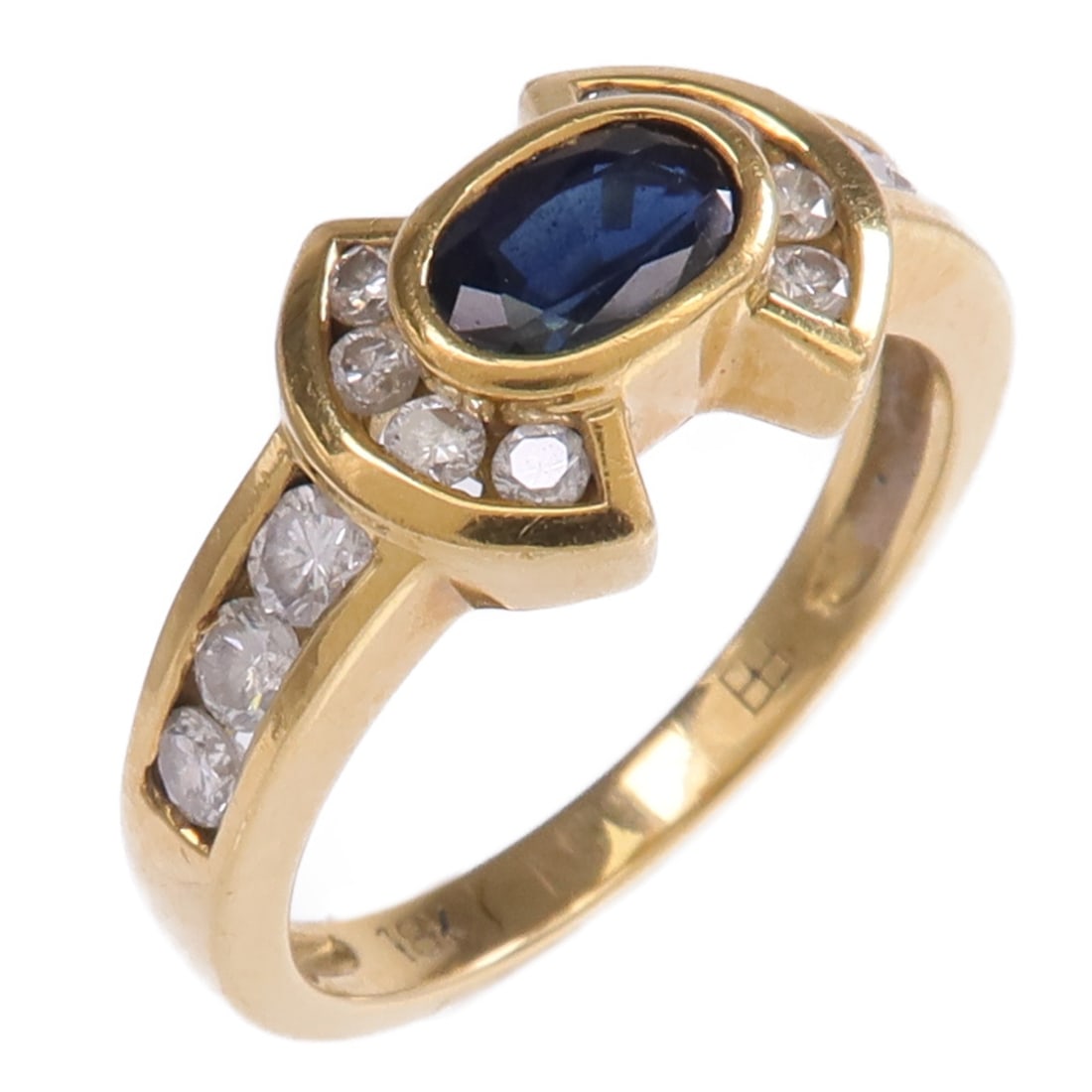 18K Yellow Gold Sapphire Diamond Ring Size 6.25: 18K Yellow Gold Sapphire Diamond Ring Size 6.25 A women's ring crafted in K18 yellow gold with sapphire and diamond accents. The piece is sized at US 6.25 and features a blue and clear color combinati