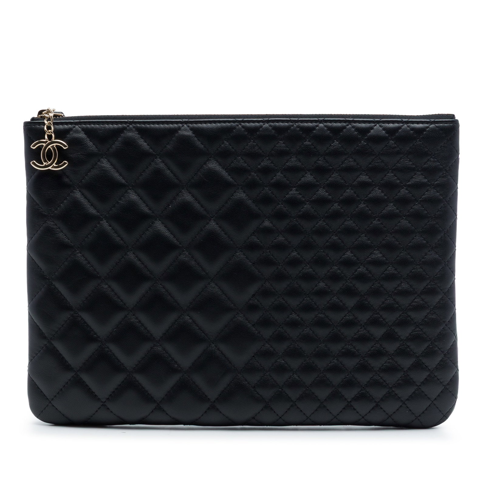 Chanel O Case Medium Clutch in Black Quilted Lambskin: Chanel O Case Medium Clutch in Black Quilted Lambskin Chanel Medium Bi Quilted Lambskin O Case Clutch in black quilted lambskin leather with a top zip closure. Made in Italy. Includes dust bag and box