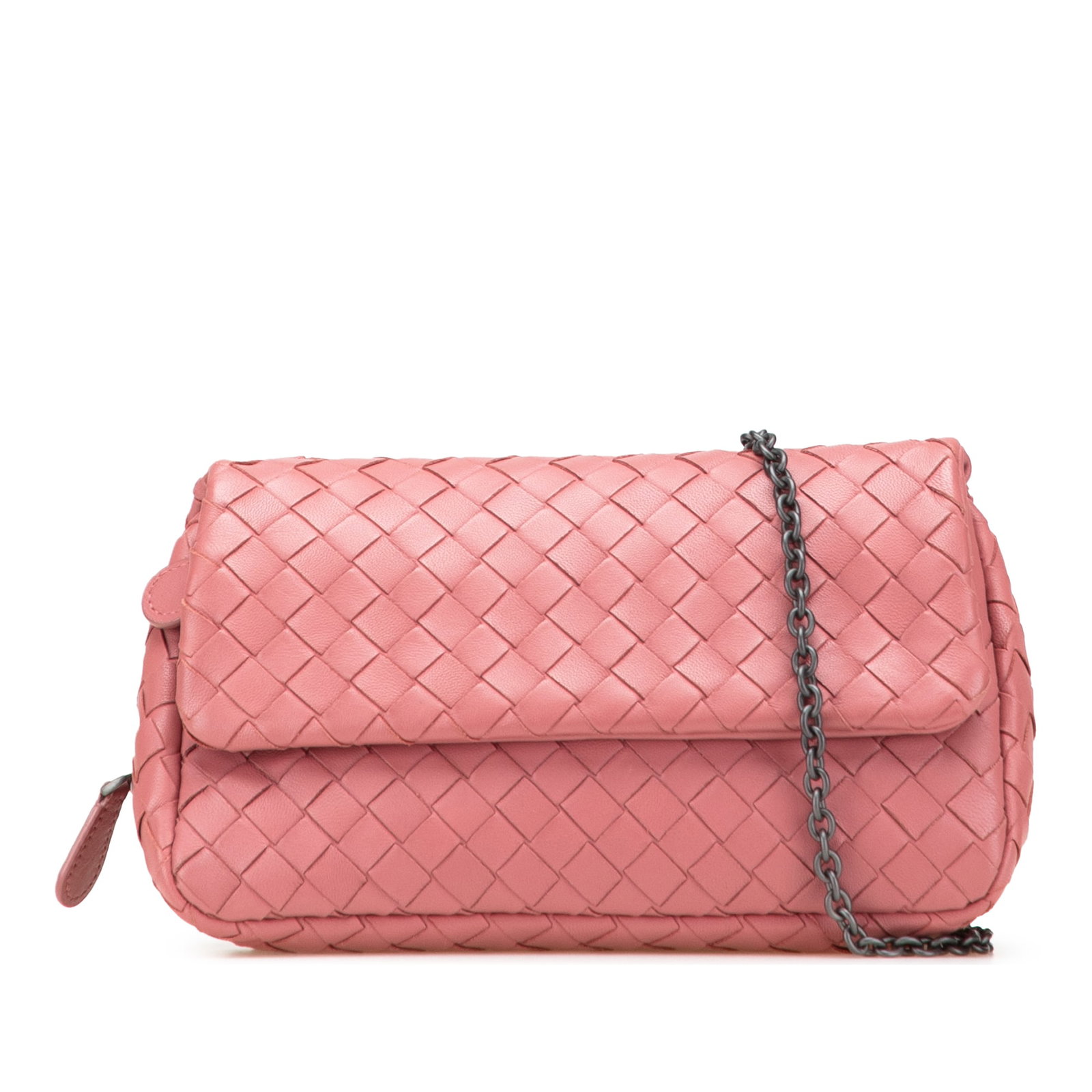 Bottega Veneta Pink Mini Nappa Intrecciato Chain Crossbody Bag: Bottega Veneta Pink Mini Nappa Intrecciato Chain Crossbody Bag Discover the elegance of the Bottega Veneta Mini Nappa Intrecciato Expandable Chain Crossbody bag. This stylish accessory showcases a bea