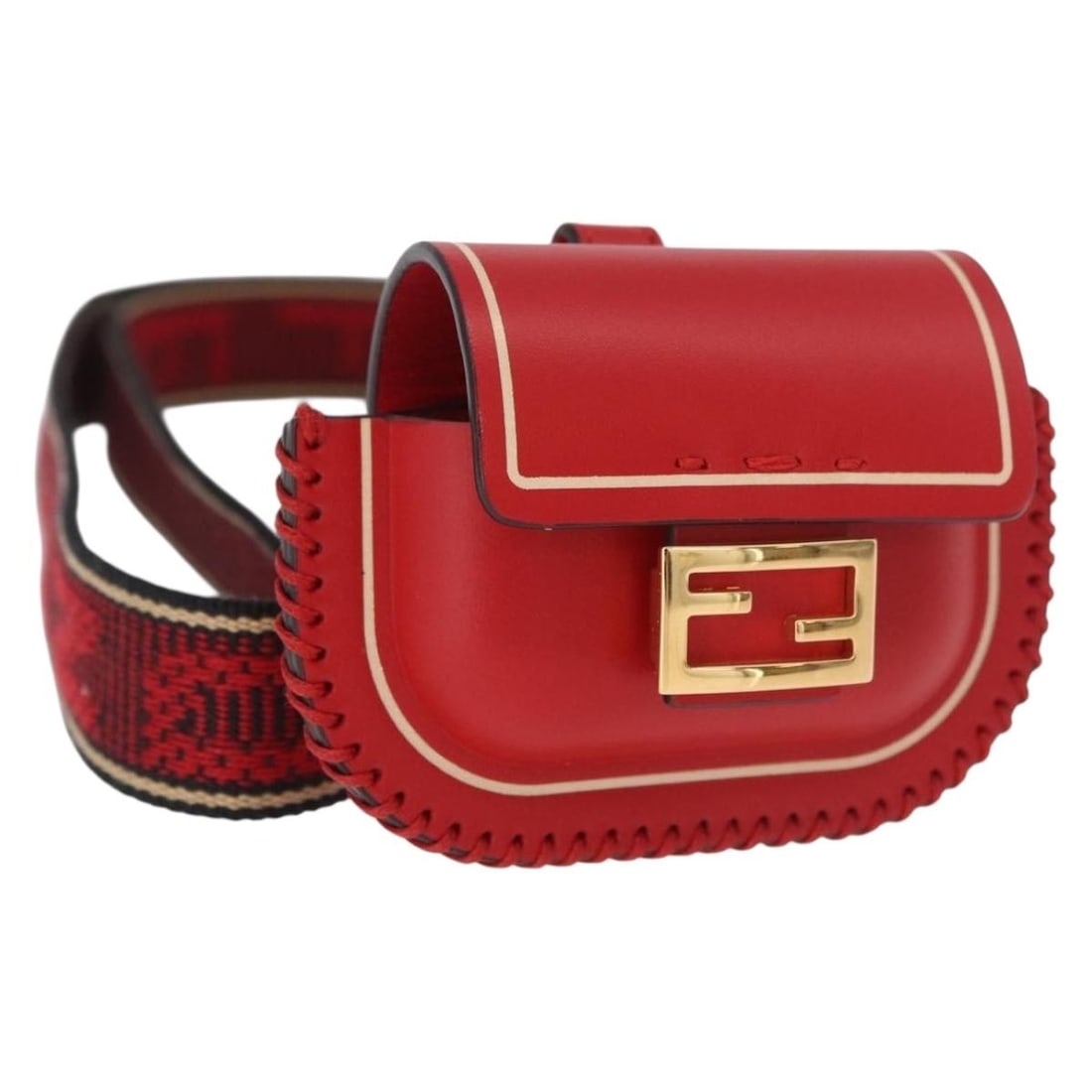 FENDI Mamma Baguette Leather Earphone Case Red Gold: FENDI Mamma Baguette Leather Earphone Case Red Gold Fendi Mamma Baguette earphone case crafted in red leather with gold-tone detailing. Made in Italy, this women's accessory is offered in excellent co