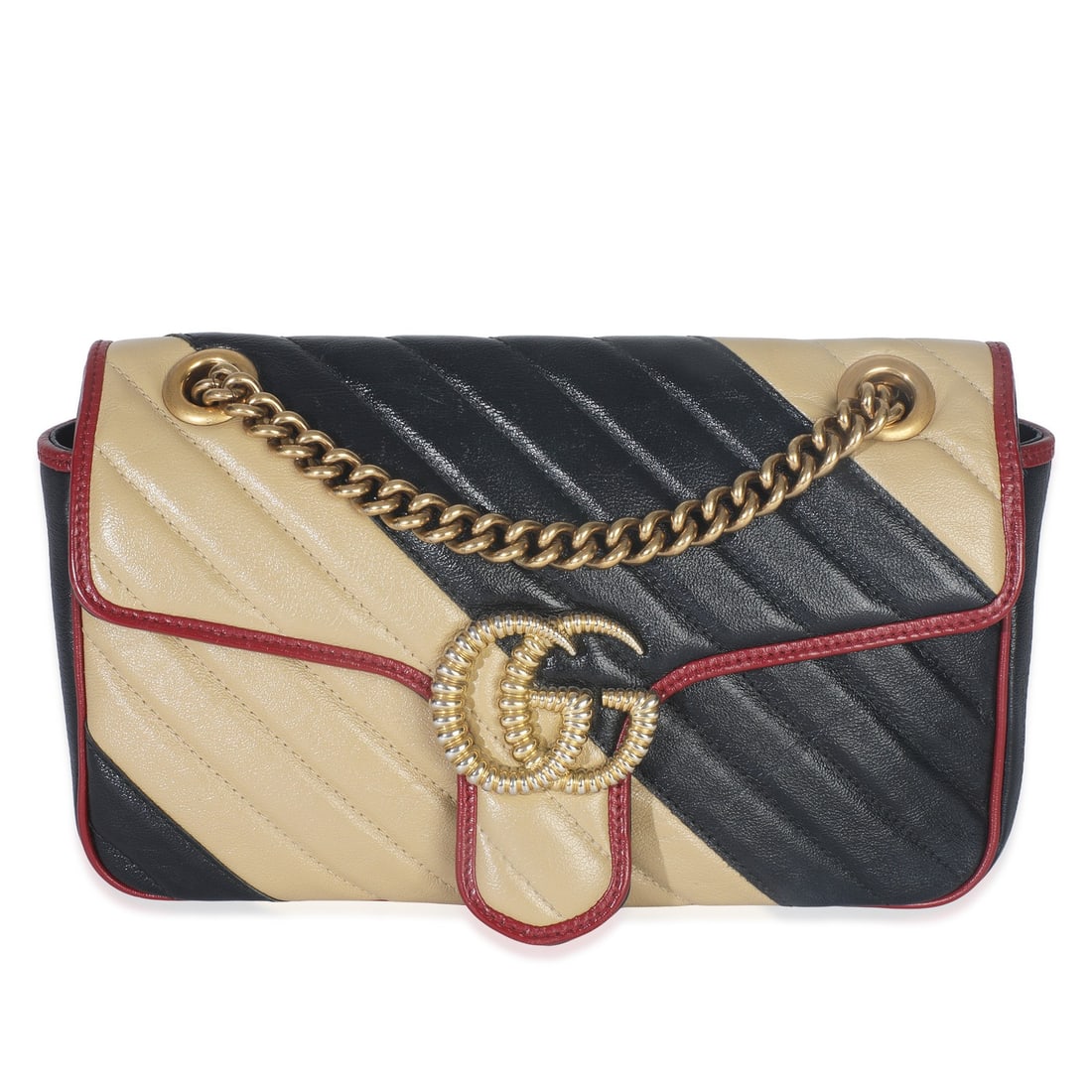 Gucci Small Marmont Shoulder Bag black beige leather: Gucci Small Marmont Shoulder Bag black beige leather Gucci Small Marmont shoulder bag in black and beige matelasse calfskin with a torchon-style design. This pre-owned bag features a push-lock closure