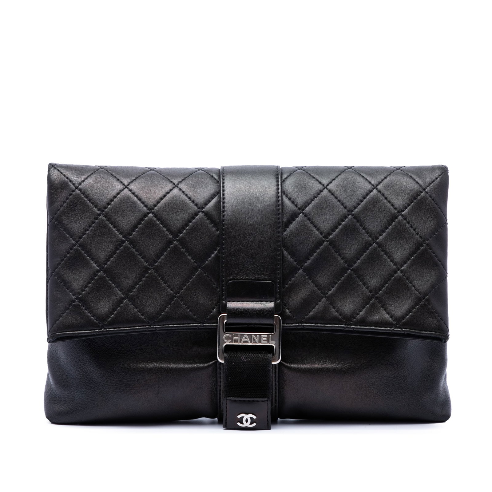 Chanel Grip Clutch Black Quilted Lambskin Leather Bag: Chanel Grip Clutch Black Quilted Lambskin Leather Bag Chanel quilted lambskin grip clutch in black leather with a front flap and buckle on a touch-fastener strap closure. The interior includes zip and