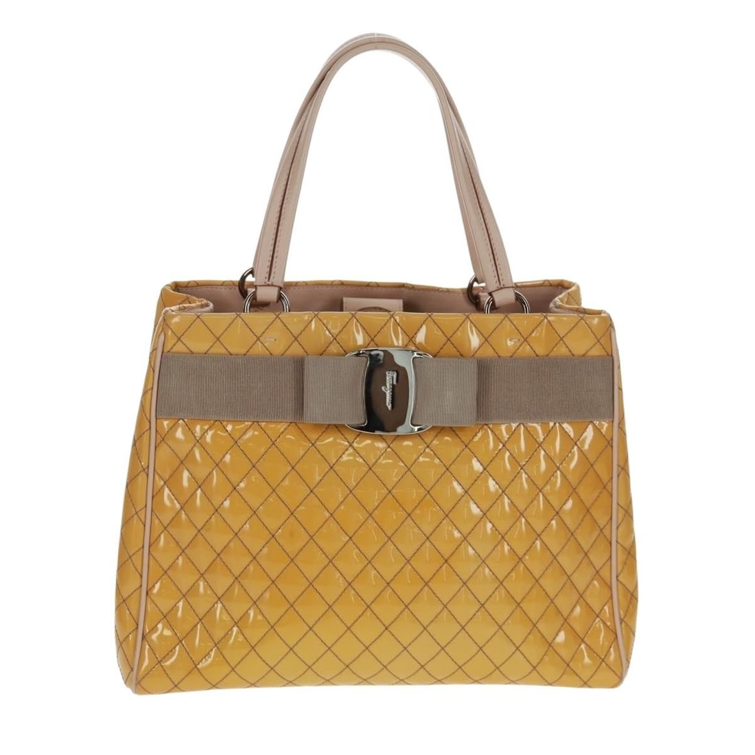 Yellow Patent Leather Vala Bag by Salvatore Ferragamo: Yellow Patent Leather Vala Bag by Salvatore Ferragamo This Salvatore Ferragamo Vala handbag is crafted from yellow patent leather and designed for women. Made in Italy, it features a structured silhou