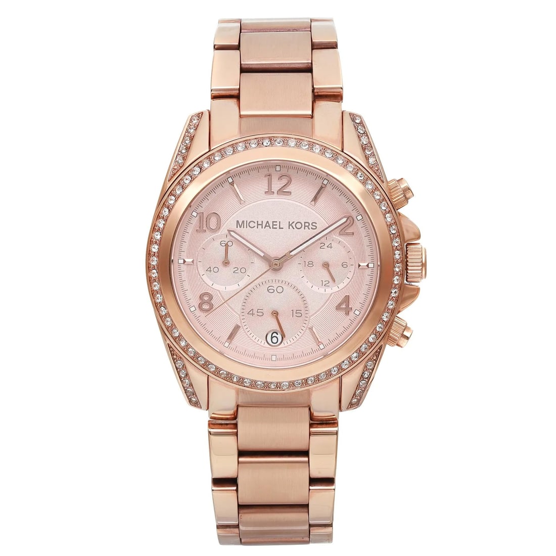 Michael Kors Blair MK5263 ladies quartz watch rose gold-tone steel: Michael Kors Blair MK5263 ladies quartz watch rose gold-tone steel Pre-owned Michael Kors Blair ladies quartz watch with a rose gold-tone case and bracelet, a rose gold-tone dial, crystal accents, and