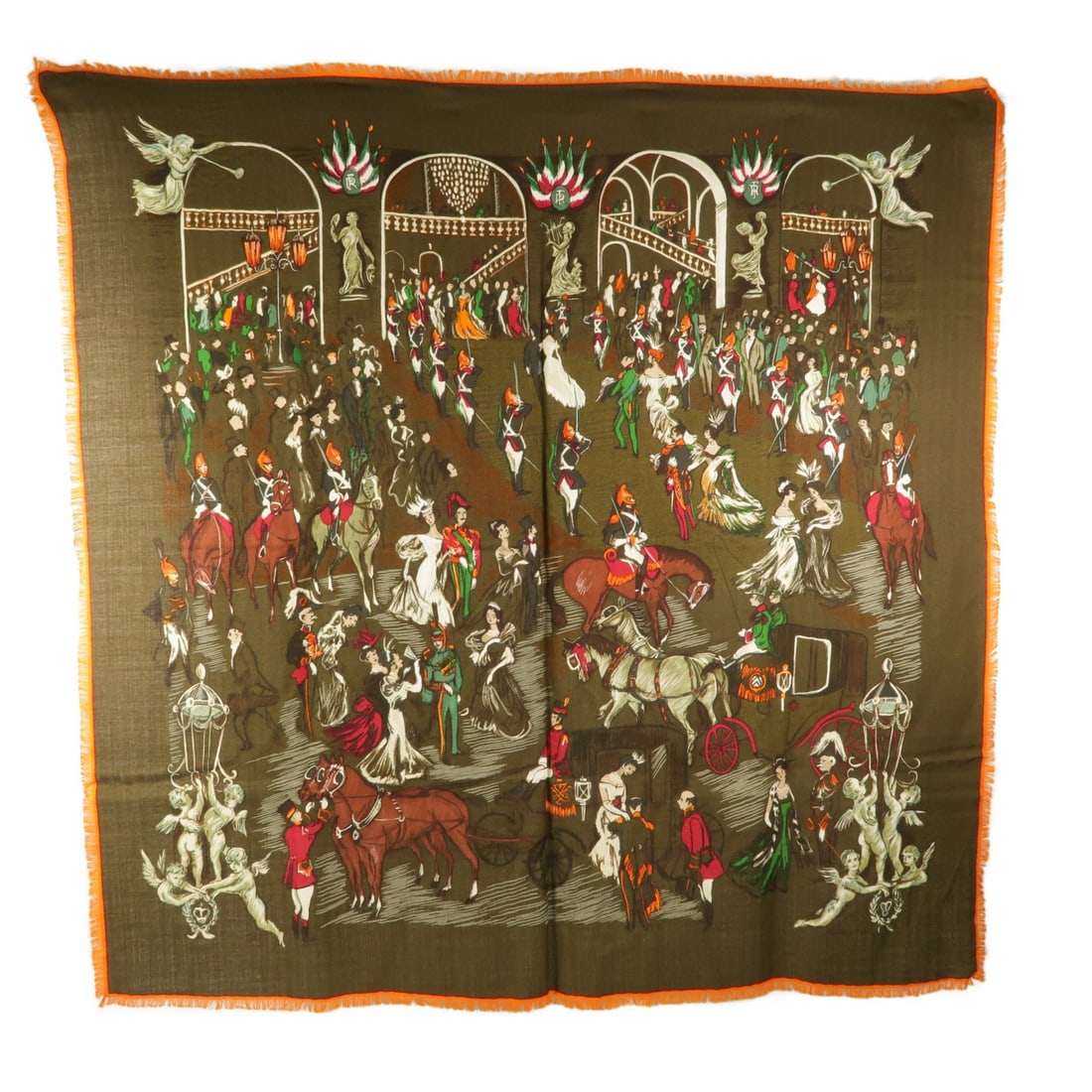 Hermes Soiree De Gala 90x90 scarf silk cashmere khaki orange: Hermes Soiree De Gala 90x90 scarf silk cashmere khaki orange Hermes Soiree De Gala scarf in silk and cashmere with a khaki and orange colorway. Made in France, this women's scarf comes with a storage 