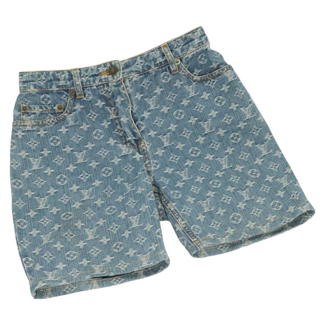 Louis Vuitton Monogram Denim Blue Womens Shorts Pants: Louis Vuitton Monogram Denim Blue Womens Shorts Pants Louis Vuitton monogram denim pants in blue, made in France. This women's piece is crafted from monogram denim canvas and comes without the origina