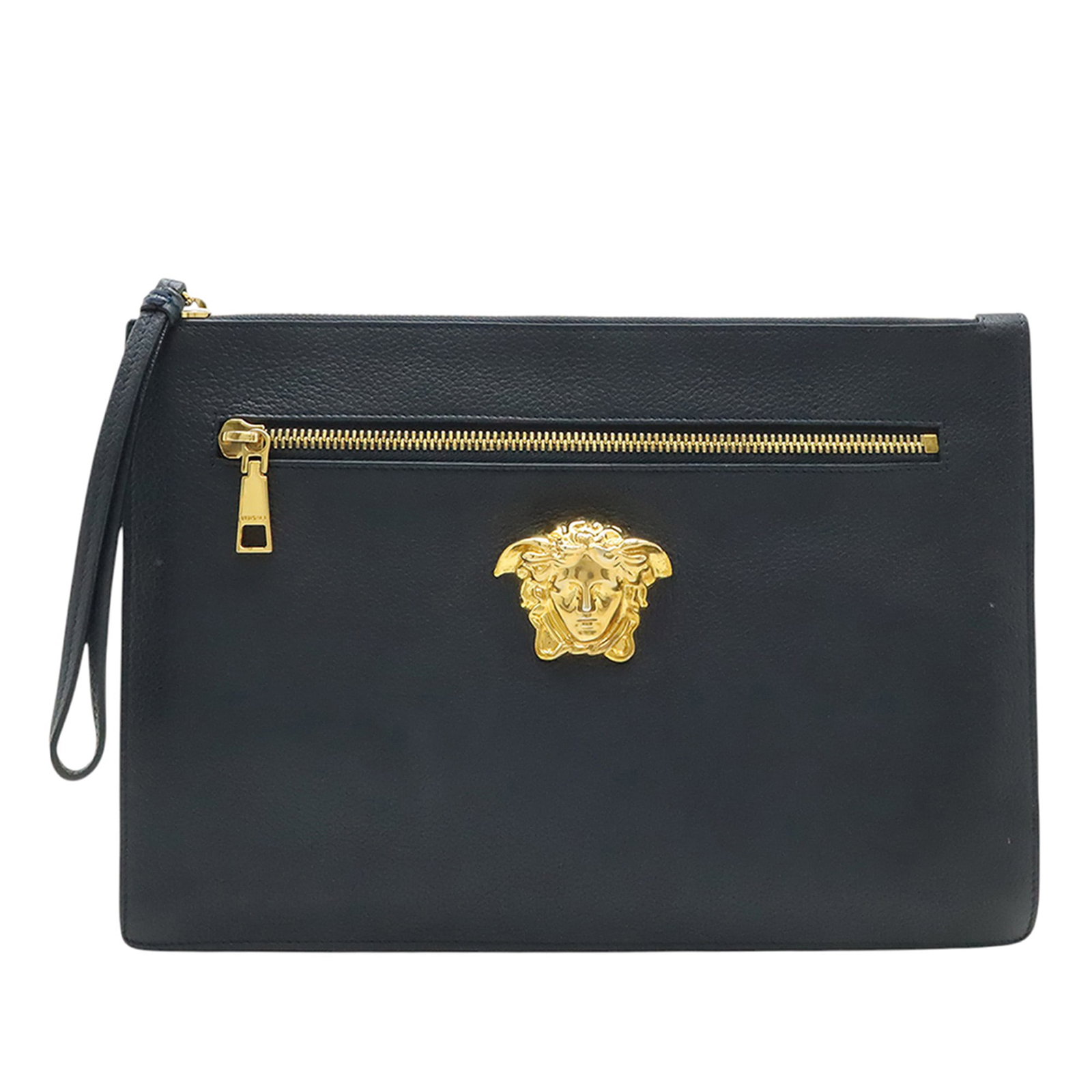Versace La Medusa Palazzo leather wristlet clutch bag: Versace La Medusa Palazzo leather wristlet clutch bag Versace Large La Medusa Palazzo leather clutch in black leather with a flat leather wrist strap, top zip closure, exterior front zip pocket, and i