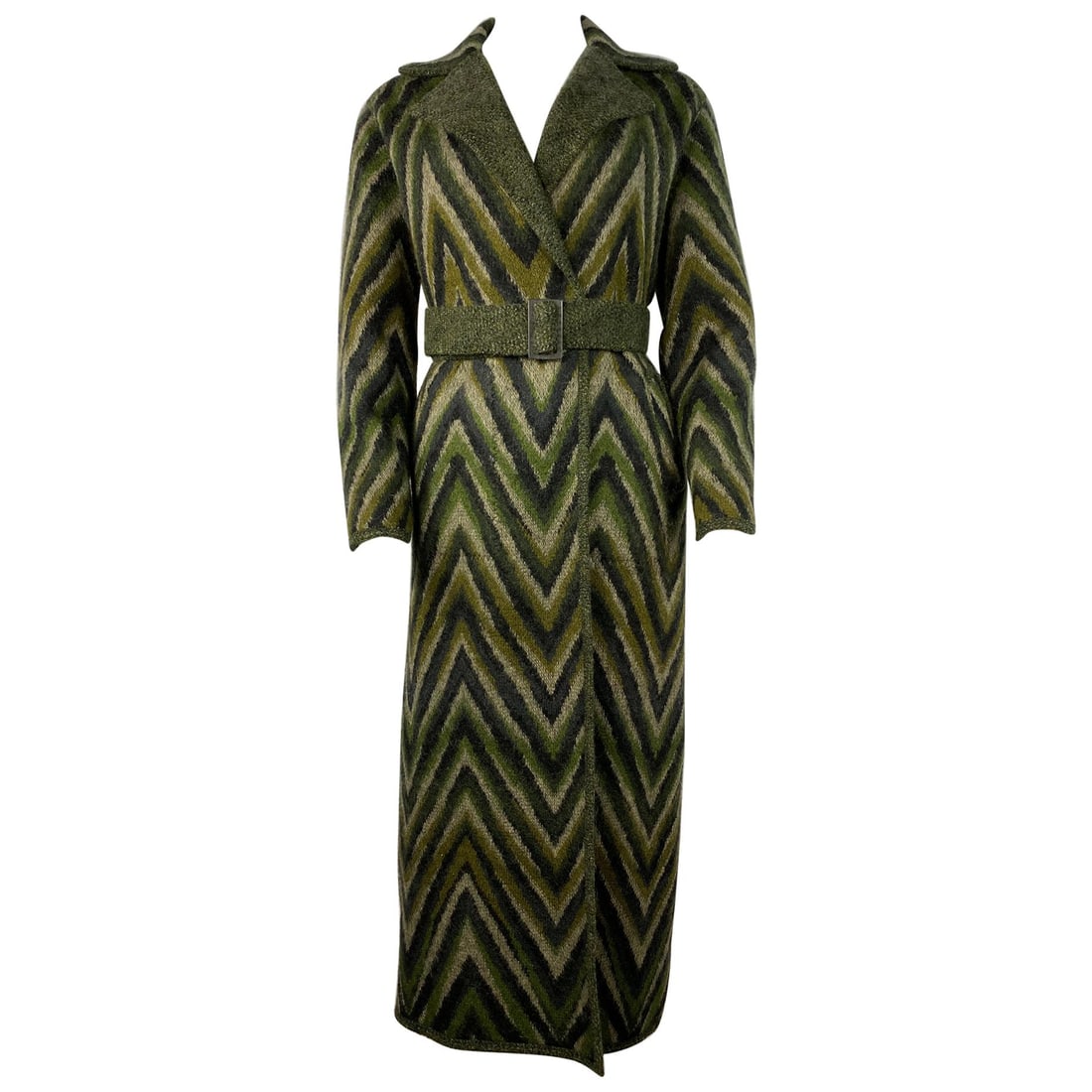 Missoni wool blend maxi coat green zigzag stripes size 40: Missoni wool blend maxi coat green zigzag stripes size 40 Vintage Missoni maxi coat jacket in a green striped wool blend, featuring four shades of green in a zig zag striped pattern. It has a collar, 