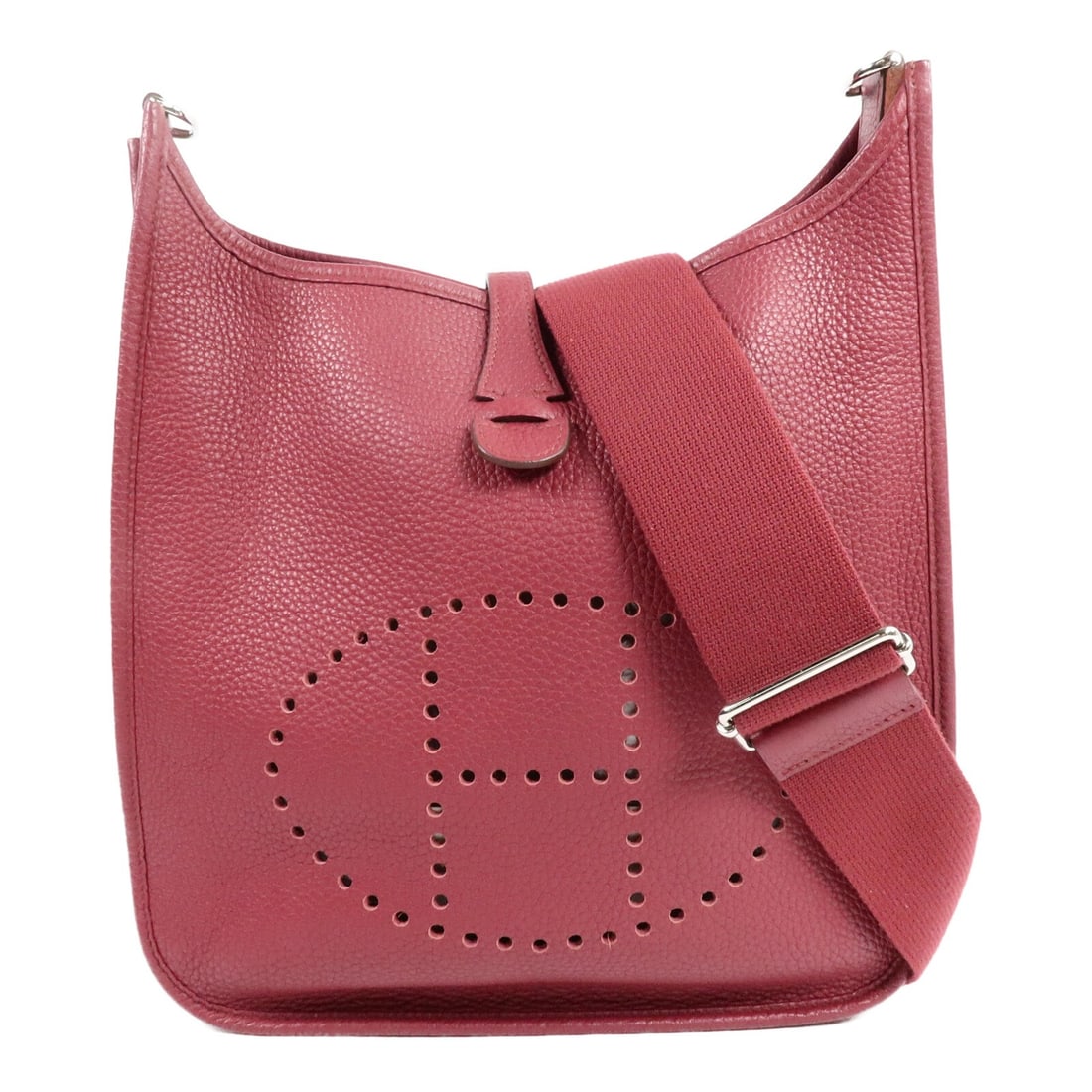 Hermes Evelyne PM Rubis Red Clemence Leather Shoulder Bag PHW: Hermes Evelyne PM Rubis Red Clemence Leather Shoulder Bag PHW Hermes Evelyne PM shoulder bag in Rubis Clemence leather with palladium-tone hardware. This women's shoulder bag is made in France and fea