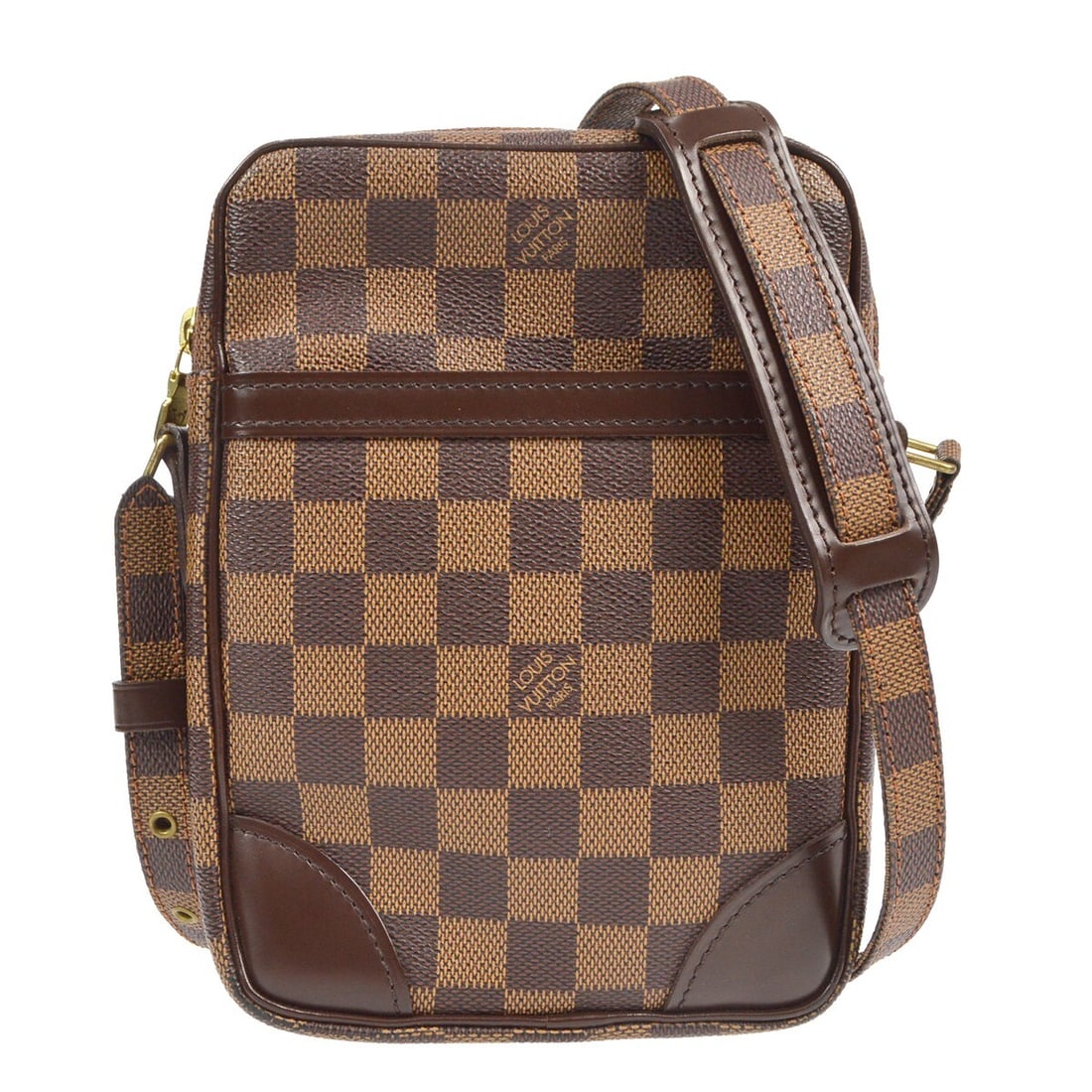 Louis Vuitton Danube N48063 Damier Ebene Crossbody Bag: Louis Vuitton Danube N48063 Damier Ebene Crossbody Bag Louis Vuitton Danube crossbody shoulder bag in Damier canvas, made in France. It features a zip closure, adjustable crossbody strap, leather lini