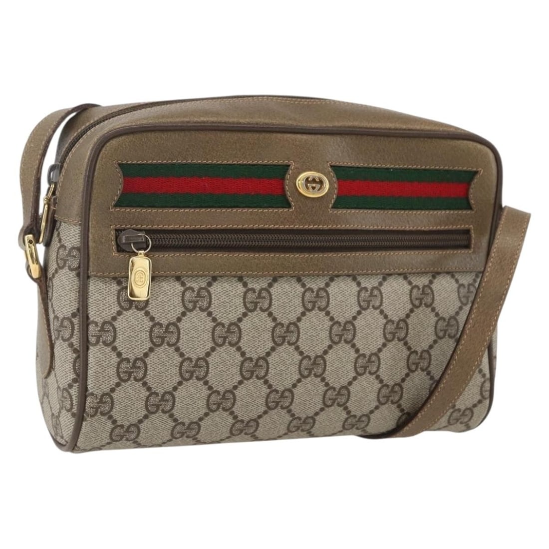 Gucci 56 02 087 GG Supreme Sherry Web PVC Shoulder Bag: Gucci 56 02 087 GG Supreme Sherry Web PVC Shoulder Bag Gucci GG Supreme Web Sherry Line shoulder bag in beige and gold PVC leather with GG canvas construction. Made in Italy, this women's bag features