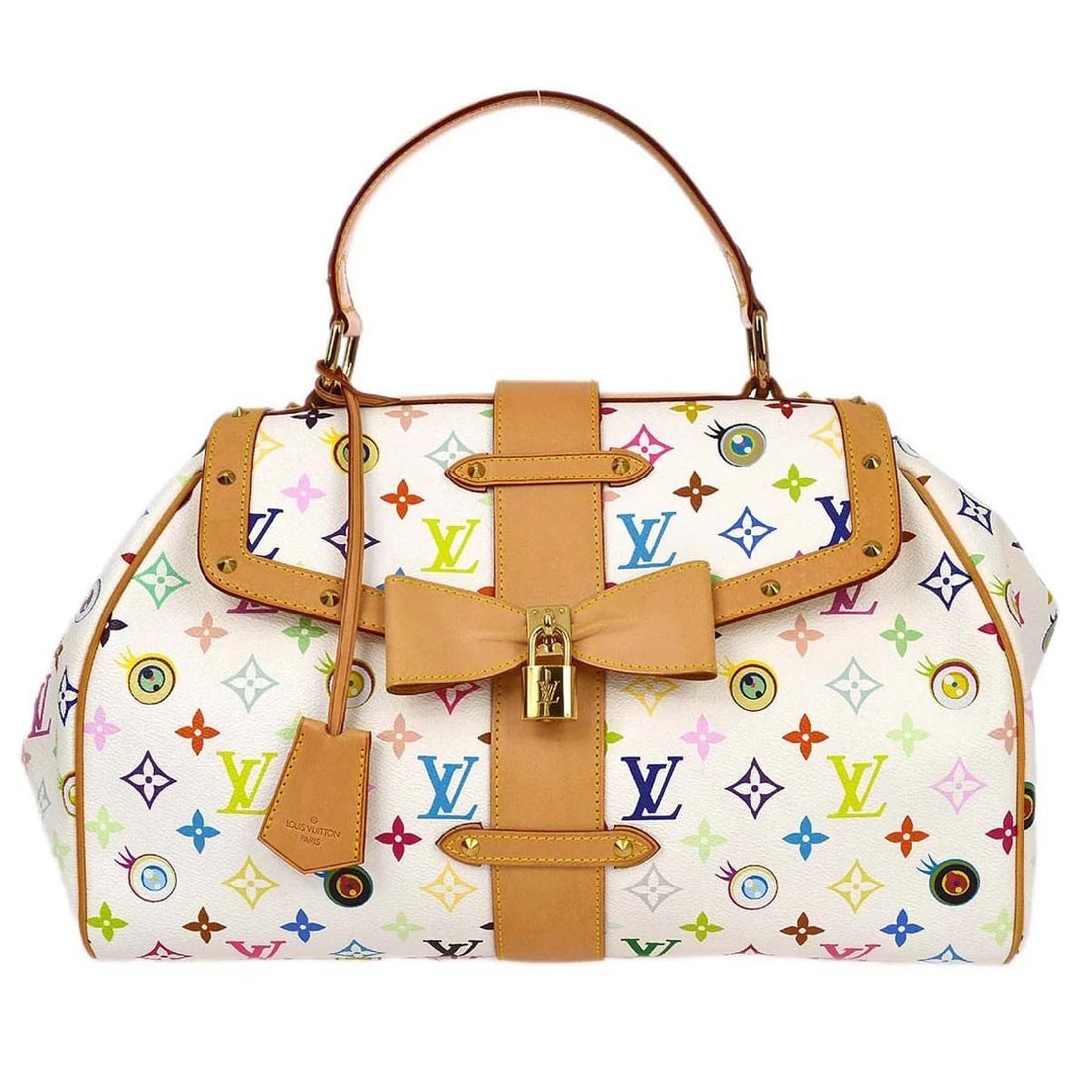 Louis Vuitton Sac Retro GM White Eye Love Monogram Handbag M92053: Louis Vuitton Sac Retro GM White Eye Love Monogram Handbag M92053 Vintage Louis Vuitton Sac Retro GM handbag in White Eye Love Monogram canvas with leather trim. This top-handle handbag features a fla