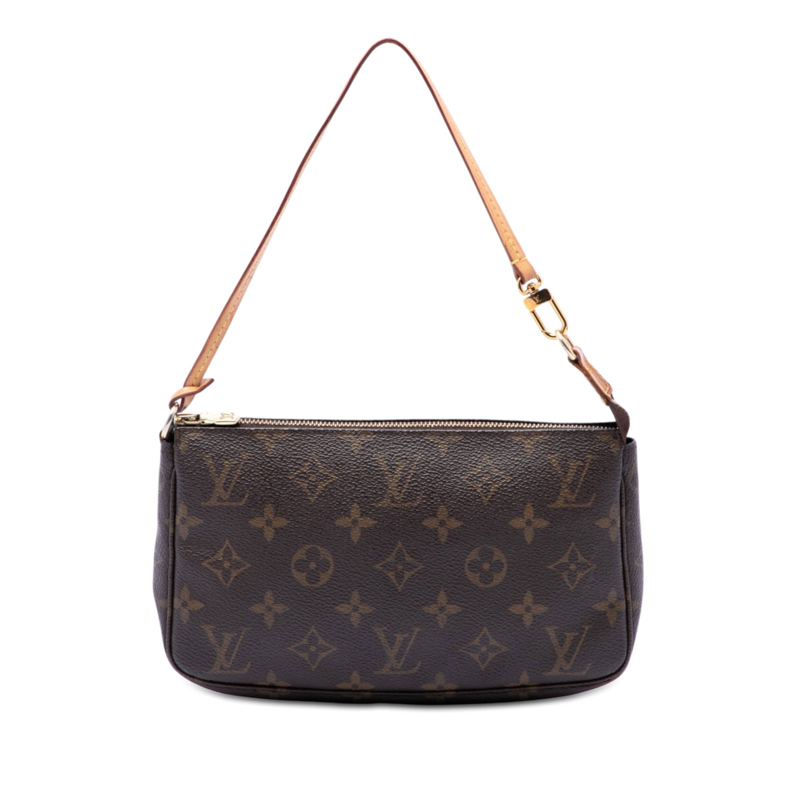 Louis Vuitton Pochette Accessoires Monogram Canvas Shoulder Bag: Louis Vuitton Pochette Accessoires Monogram Canvas Shoulder Bag Louis Vuitton Monogram Pochette Accessoires in brown with a monogram canvas body, flat vachetta leather handle, and top zip closure. Mad