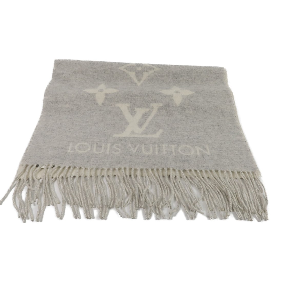 Louis Vuitton Echarpe Reykjavik Cashmere Scarf M71126 Gray Ivory: Louis Vuitton Echarpe Reykjavik Cashmere Scarf M71126 Gray Ivory A Louis Vuitton Echarpe Reykjavik scarf in cashmere, presented in gray and gray/ivory. It is a unisex regular-size scarf made in France