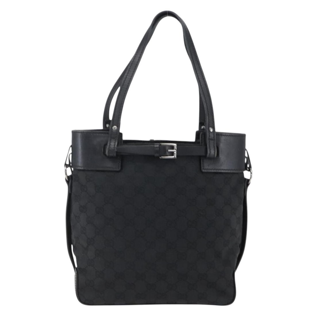 Gucci Belted Bucket Tote Black Canvas Handbag: Gucci Belted Bucket Tote Black Canvas Handbag Gucci belted bucket tote in black GG canvas. This women's handbag is made in Italy and features leather trim. Condition is fair with visible wear, includi