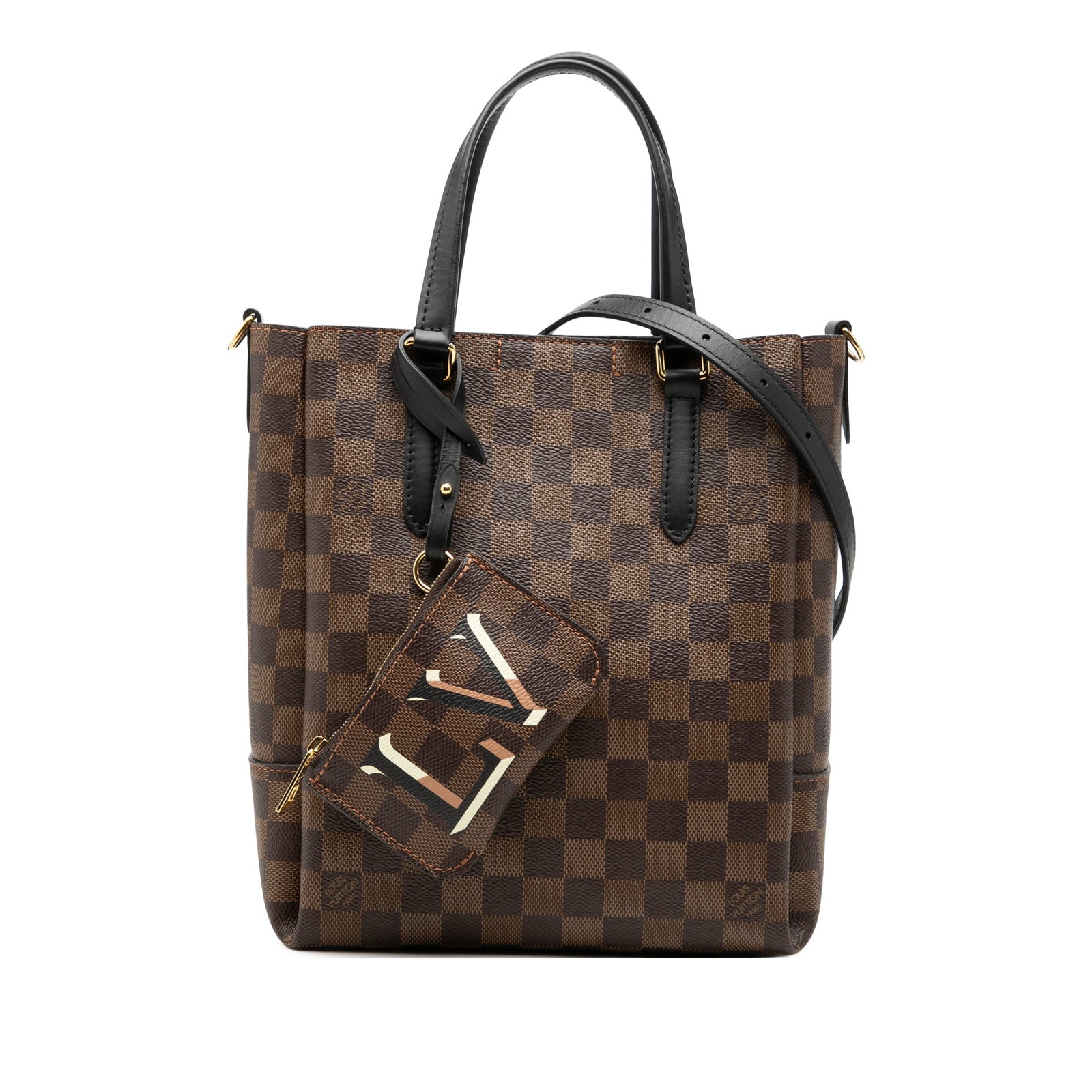 Louis Vuitton Belmont PM Damier Ebene shoulder bag with pouch: Louis Vuitton Belmont PM Damier Ebene shoulder bag with pouch Louis Vuitton Damier Ebene Belmont PM bag with flat leather handles, a detachable flat leather strap, an open top with hook closure, inter