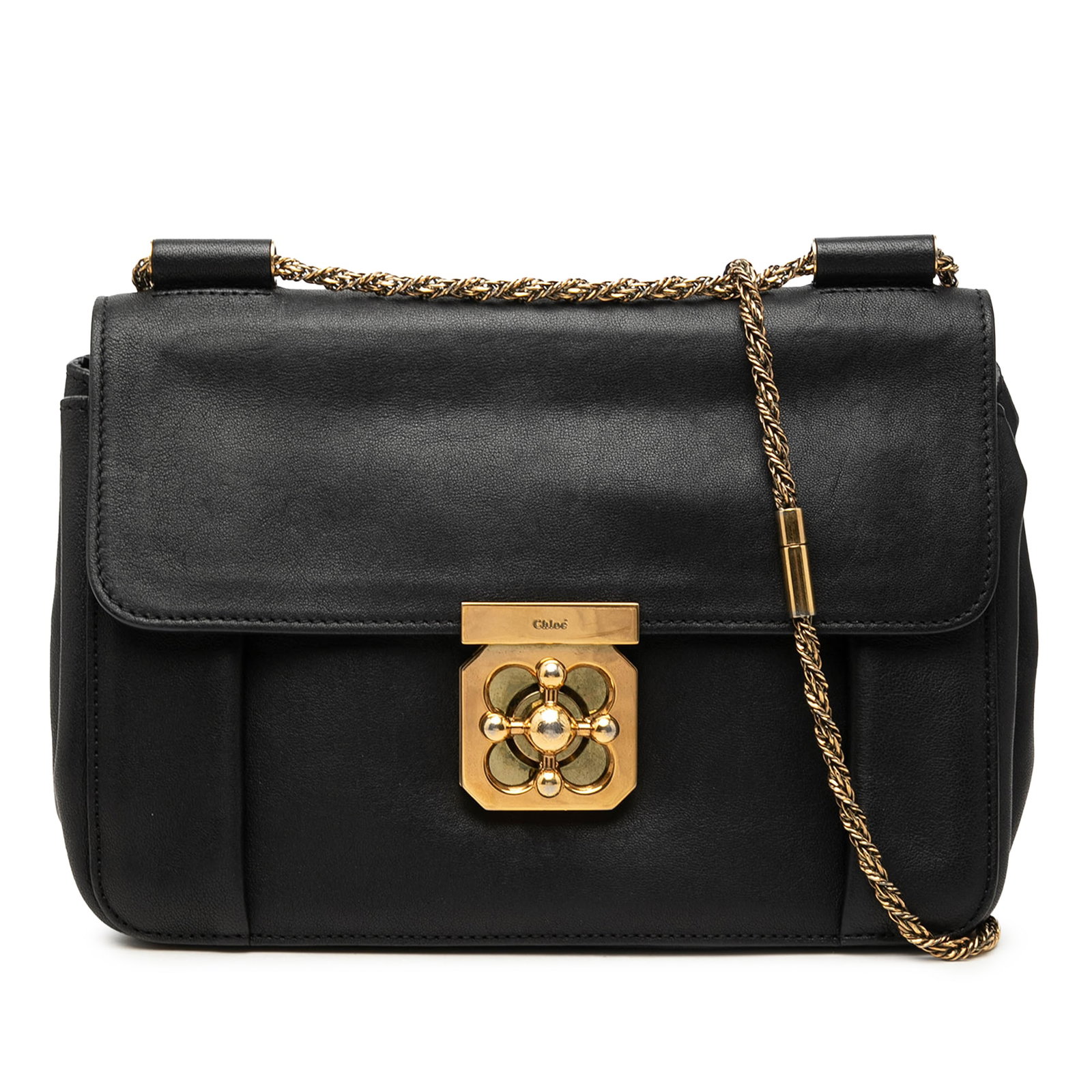 Chloe Elsie Medium Black Leather Crossbody Bag: Chloe Elsie Medium Black Leather Crossbody Bag Chloe Elsie medium crossbody bag in black leather with a front flap and turn lock closure. This Italian-made bag features a convertible chain link should