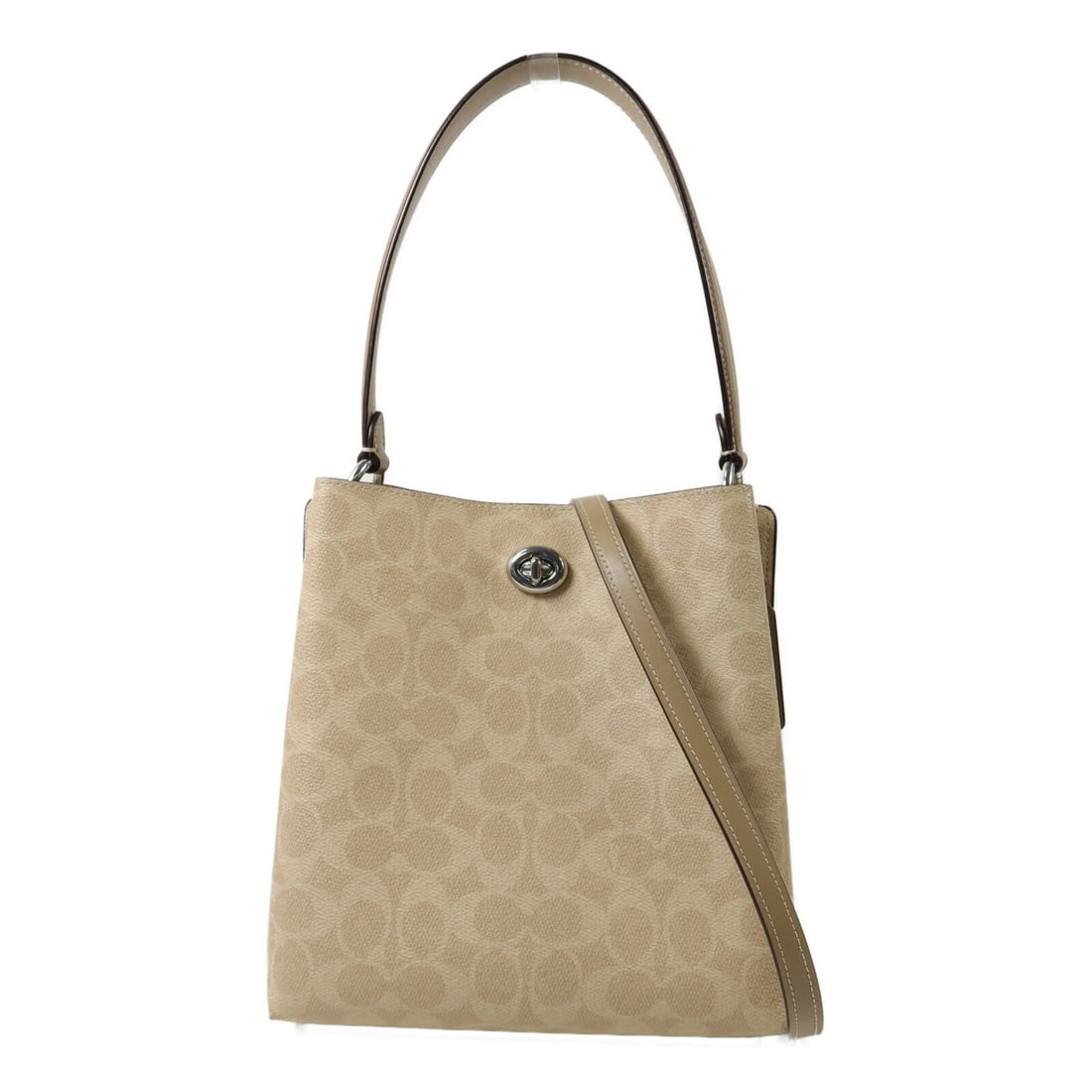 COACH 1027 bucket shoulder bag beige coated canvas with strap: COACH 1027 bucket shoulder bag beige coated canvas with strap A COACH 2way shoulder bag in beige PVC coated canvas, designed for women and identified as model 1027. It features a bucket style, a turn 