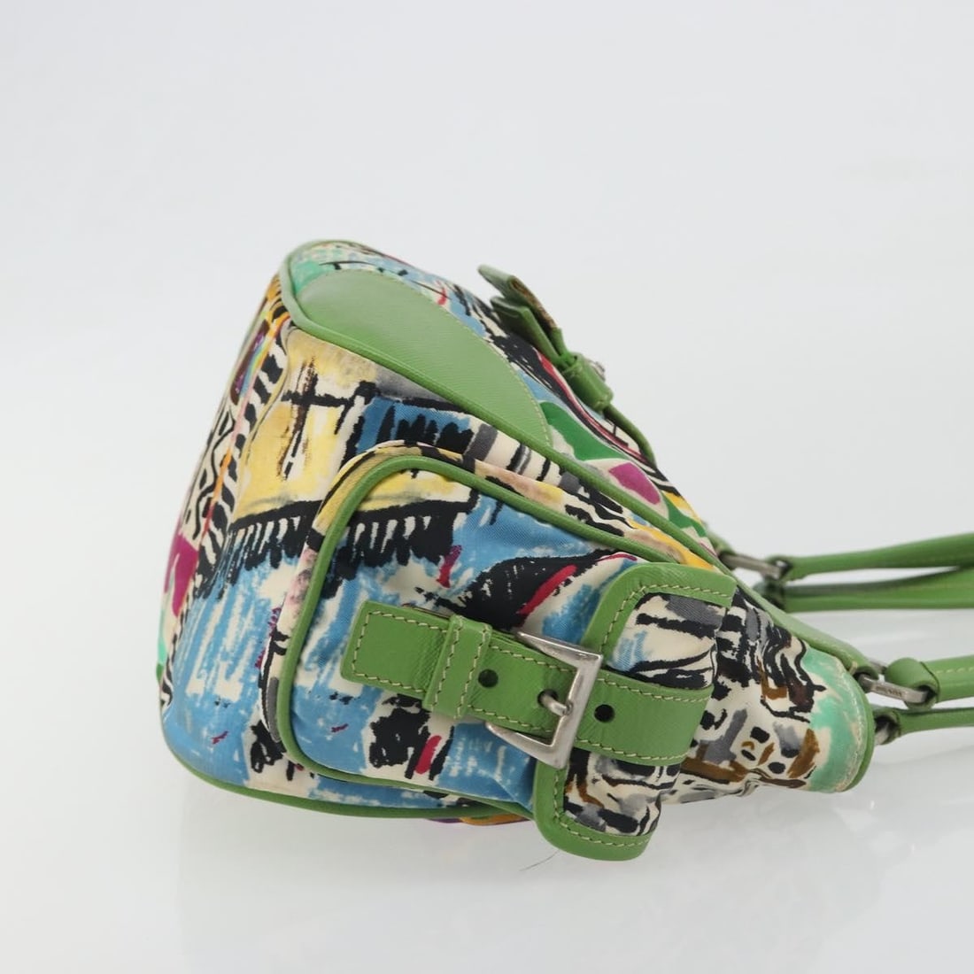 PRADA Green Nylon Hand Bag Silver Tone Italy Auth 195238A: PRADA Green Nylon Hand Bag Silver Tone Italy Auth 195238A Authentic Prada hand bag crafted in green nylon with silver-tone accents. Made in Italy, this women's bag shows reasonable wear and tear consi