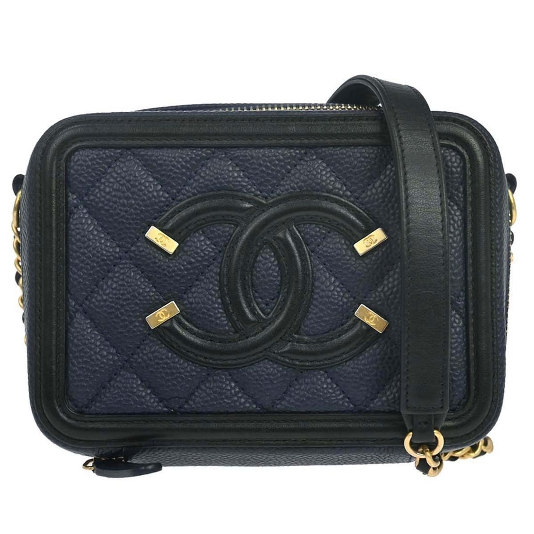 CHANEL Filigree Vanity Shoulder Bag Navy Caviar Calfskin: CHANEL Filigree Vanity Shoulder Bag Navy Caviar Calfskin A Chanel navy calfskin filigree vanity shoulder bag in a square, medium size with a zip closure and shoulder strap. It features quilted accents