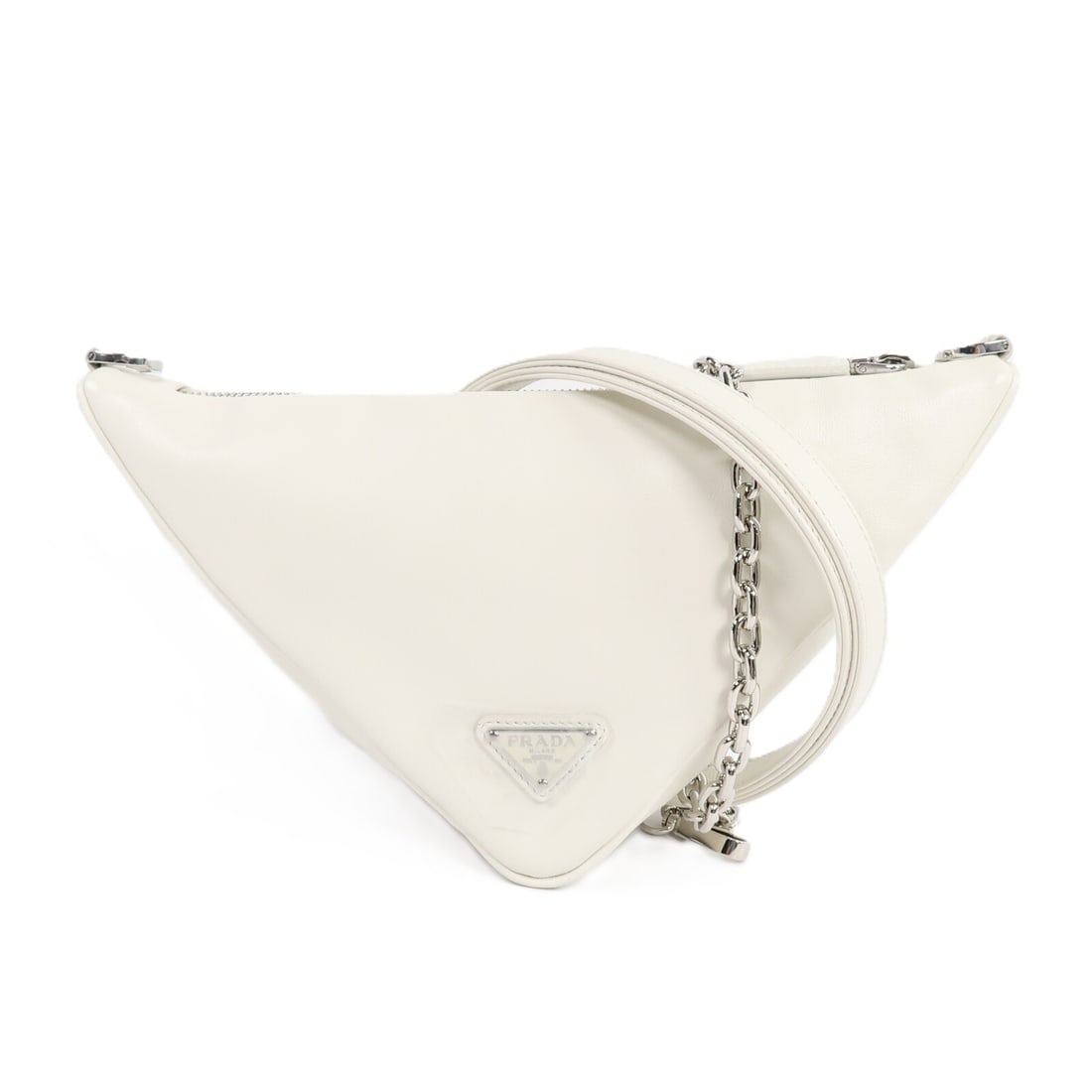 PRADA Triangle 2 Way Shoulder Bag White Calfskin Leather: PRADA Triangle 2 Way Shoulder Bag White Calfskin Leather Prada Triangle 2-way shoulder bag in white calfskin leather. This women's bag features a structured shoulder bag design with a fastener closure